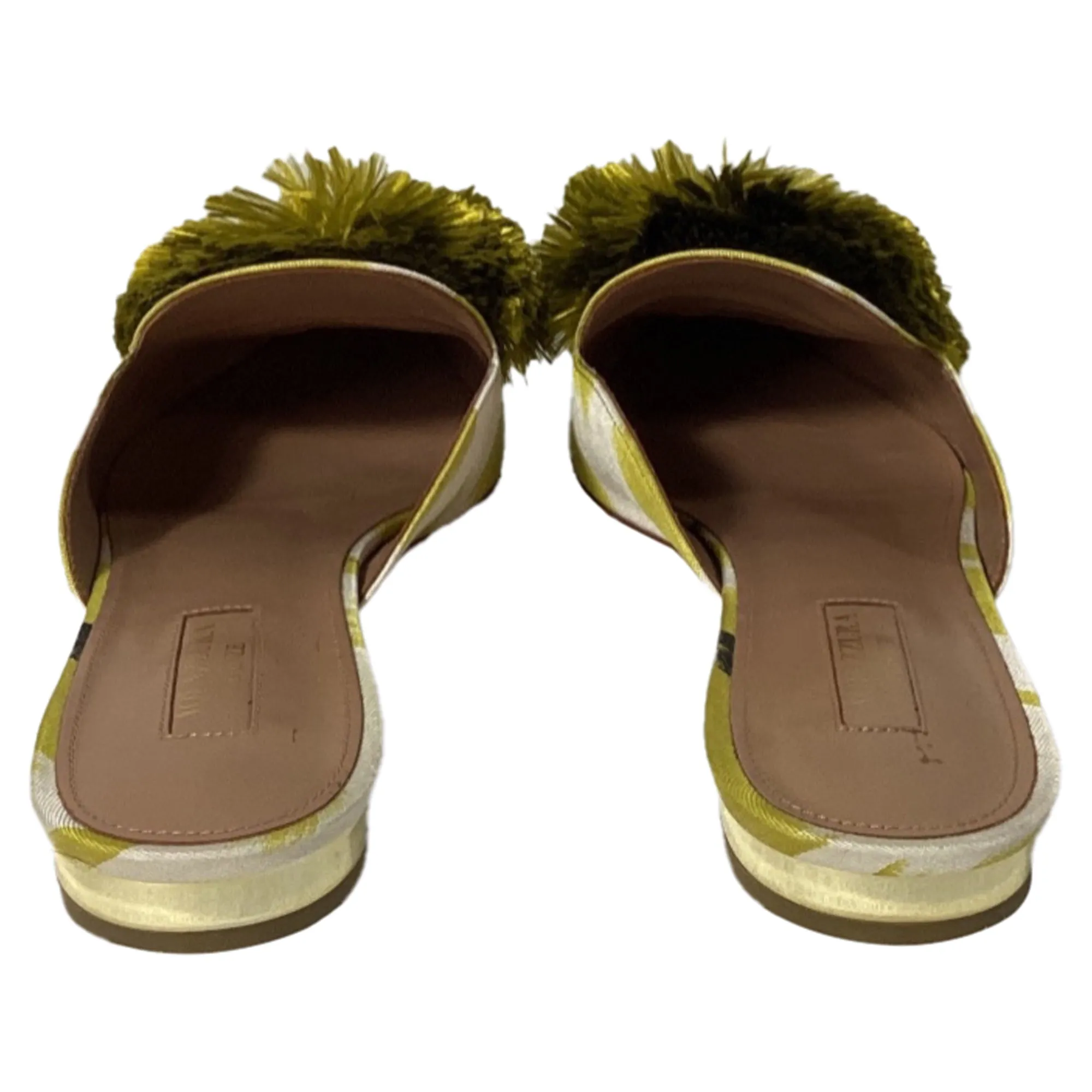 Altuzarra Powder Puff Pom Pom Mules in Green Satin