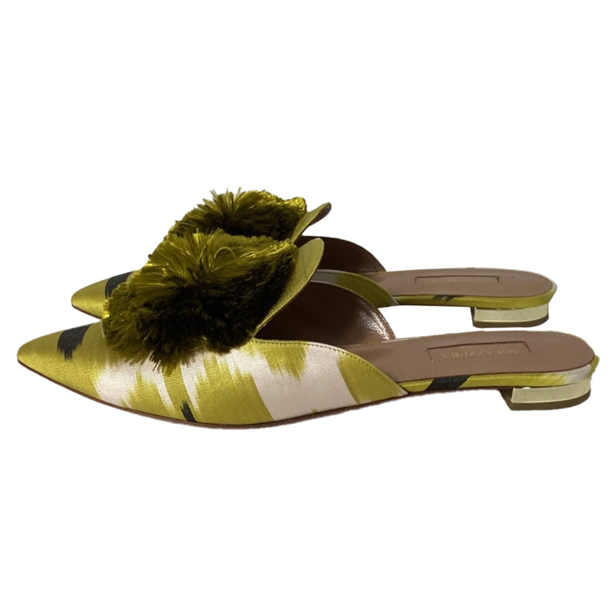 Altuzarra Powder Puff Pom Pom Mules in Green Satin