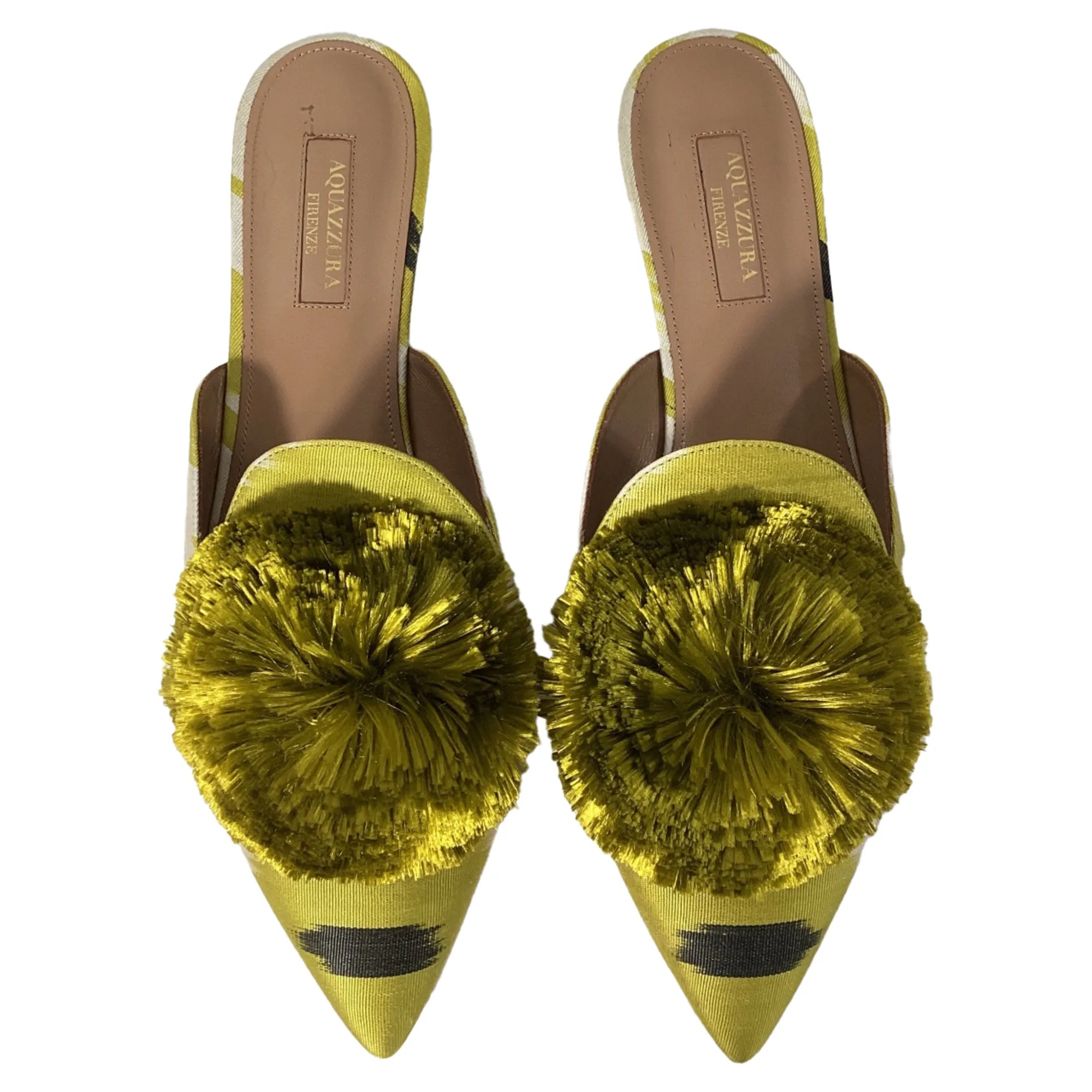 Altuzarra Powder Puff Pom Pom Mules in Green Satin