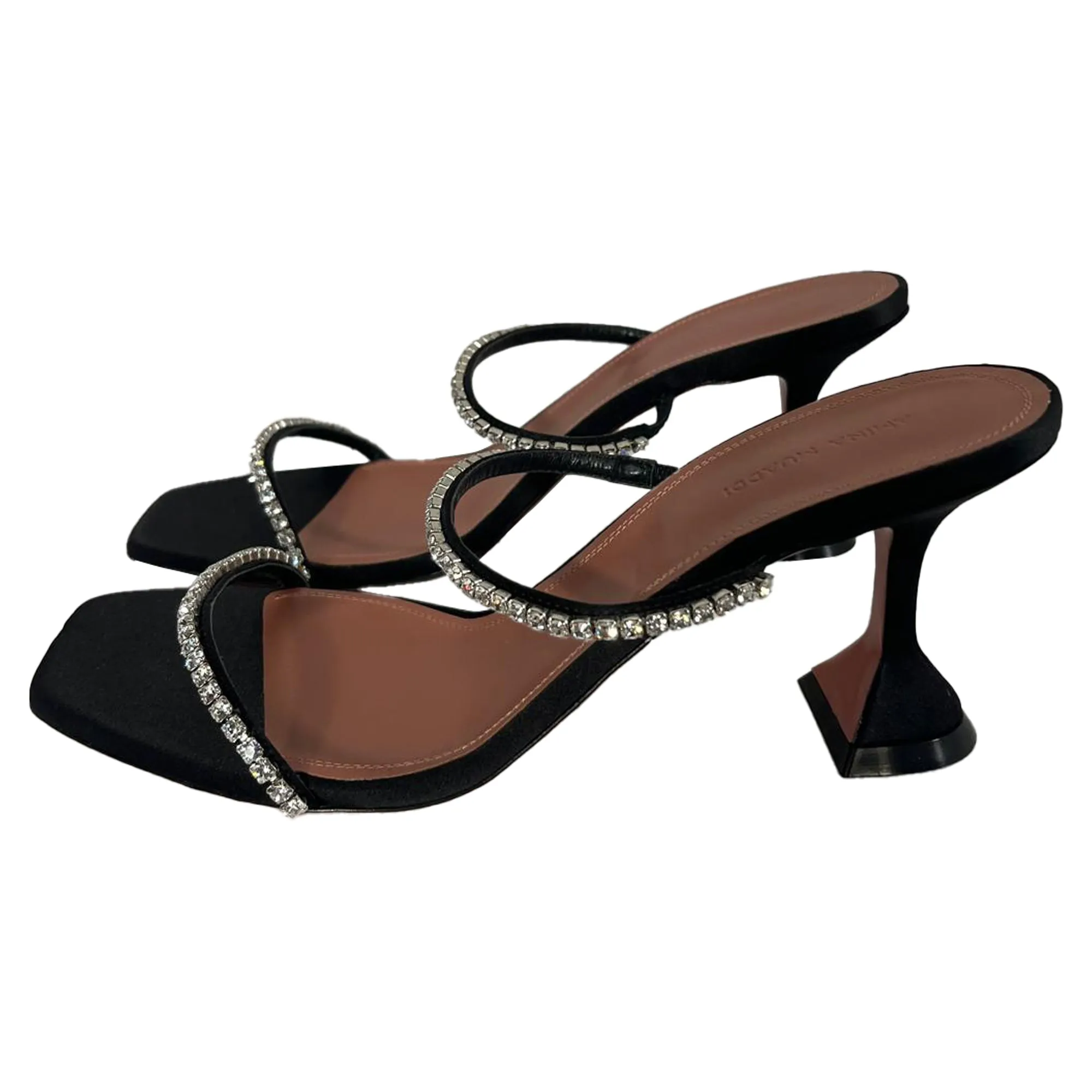 Amina Muaddi Gilda Embellished Slip-On Heeled Sandals in Black Satin