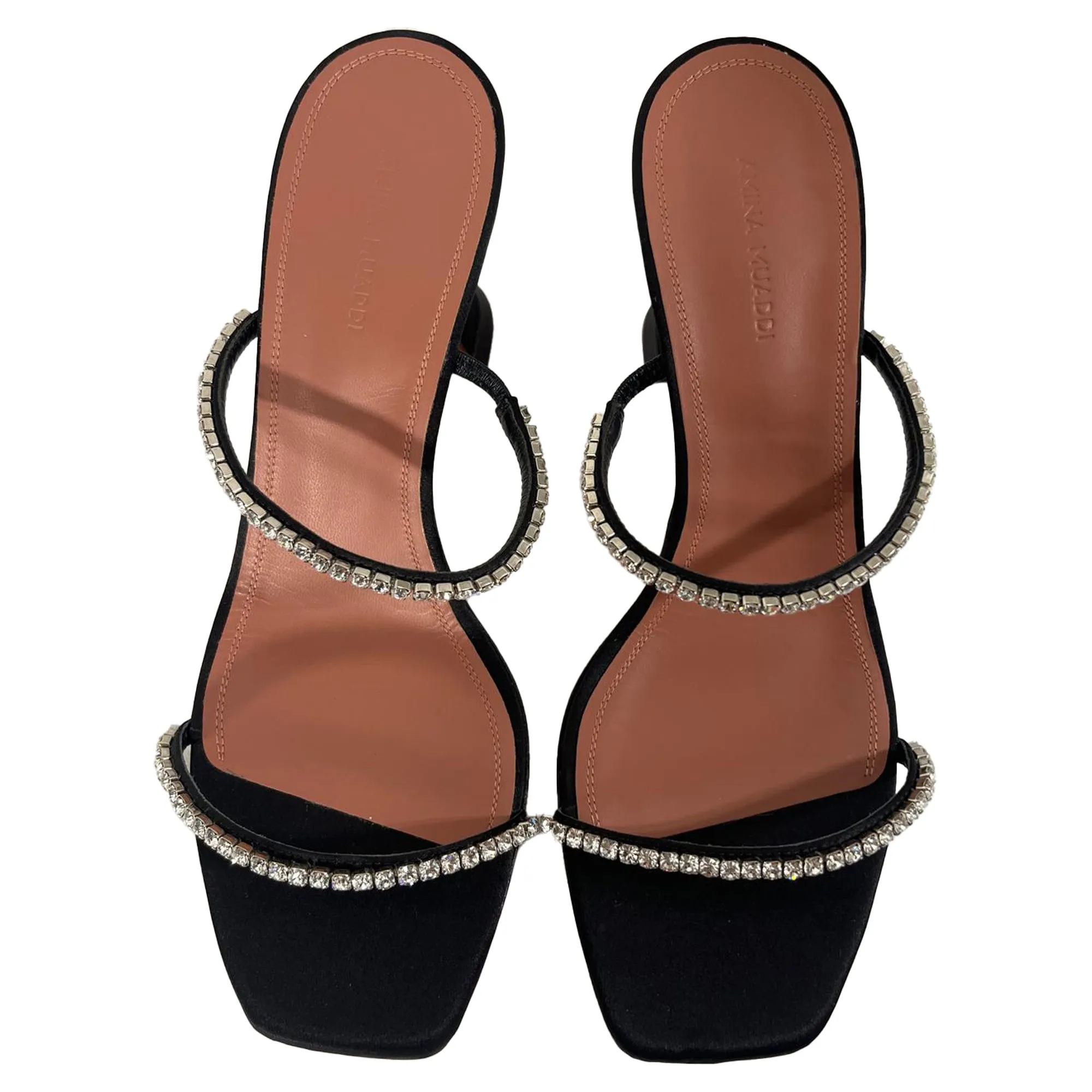 Amina Muaddi Gilda Embellished Slip-On Heeled Sandals in Black Satin