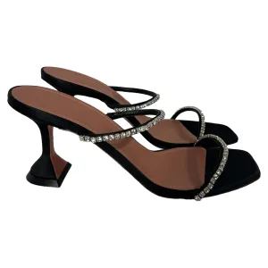 Amina Muaddi Gilda Embellished Slip-On Heeled Sandals in Black Satin