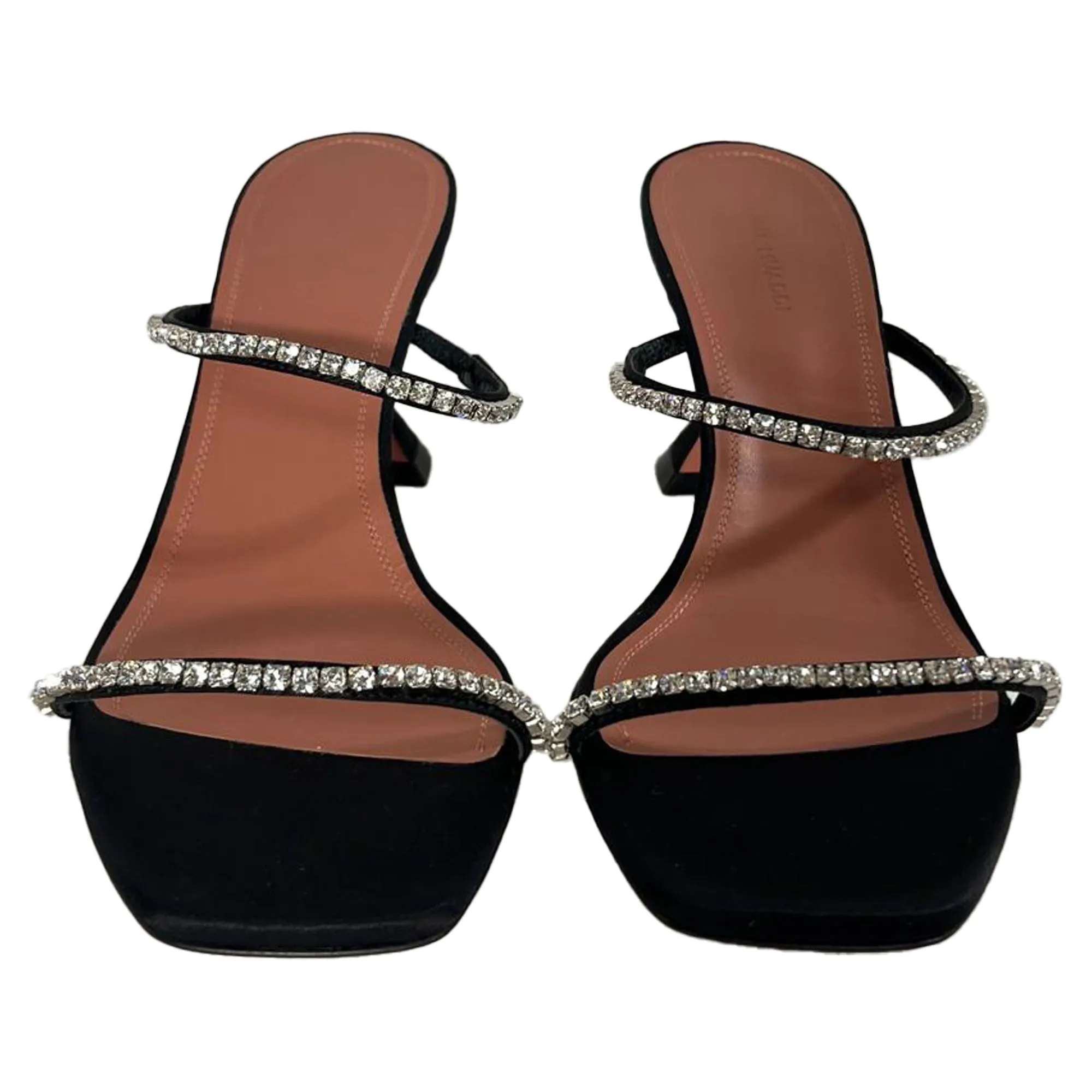Amina Muaddi Gilda Embellished Slip-On Heeled Sandals in Black Satin