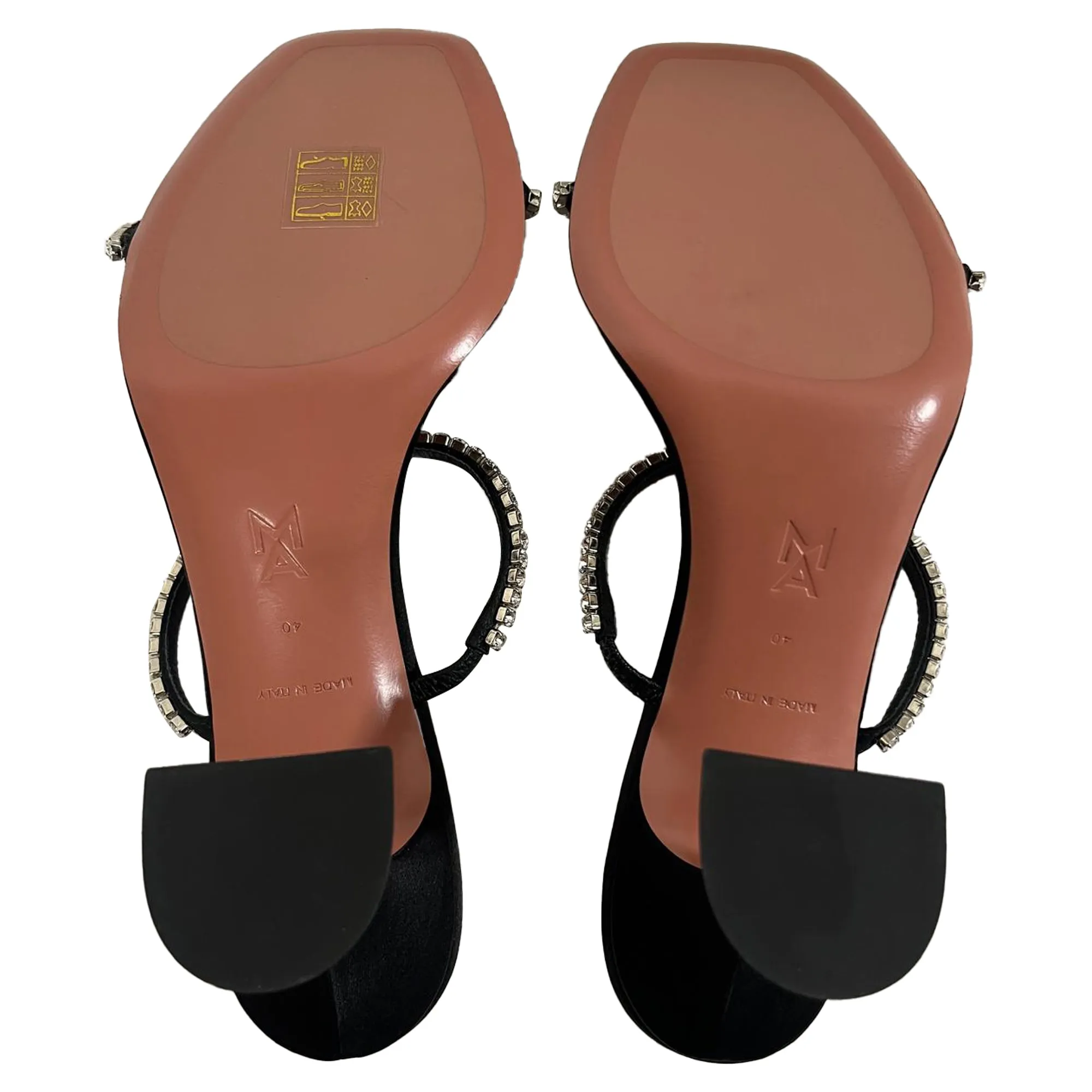 Amina Muaddi Gilda Embellished Slip-On Heeled Sandals in Black Satin
