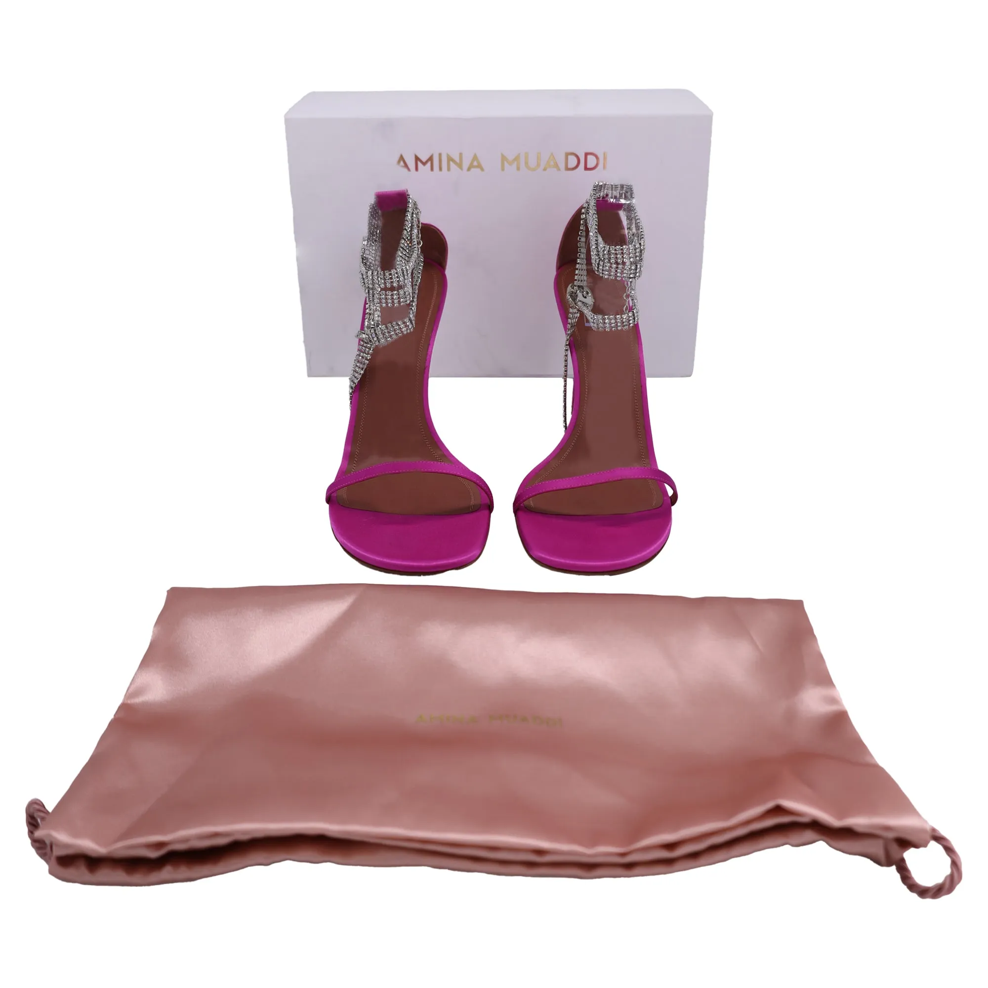 Amina Muaddi Giorgia Crystal Sandals in Pink Satin