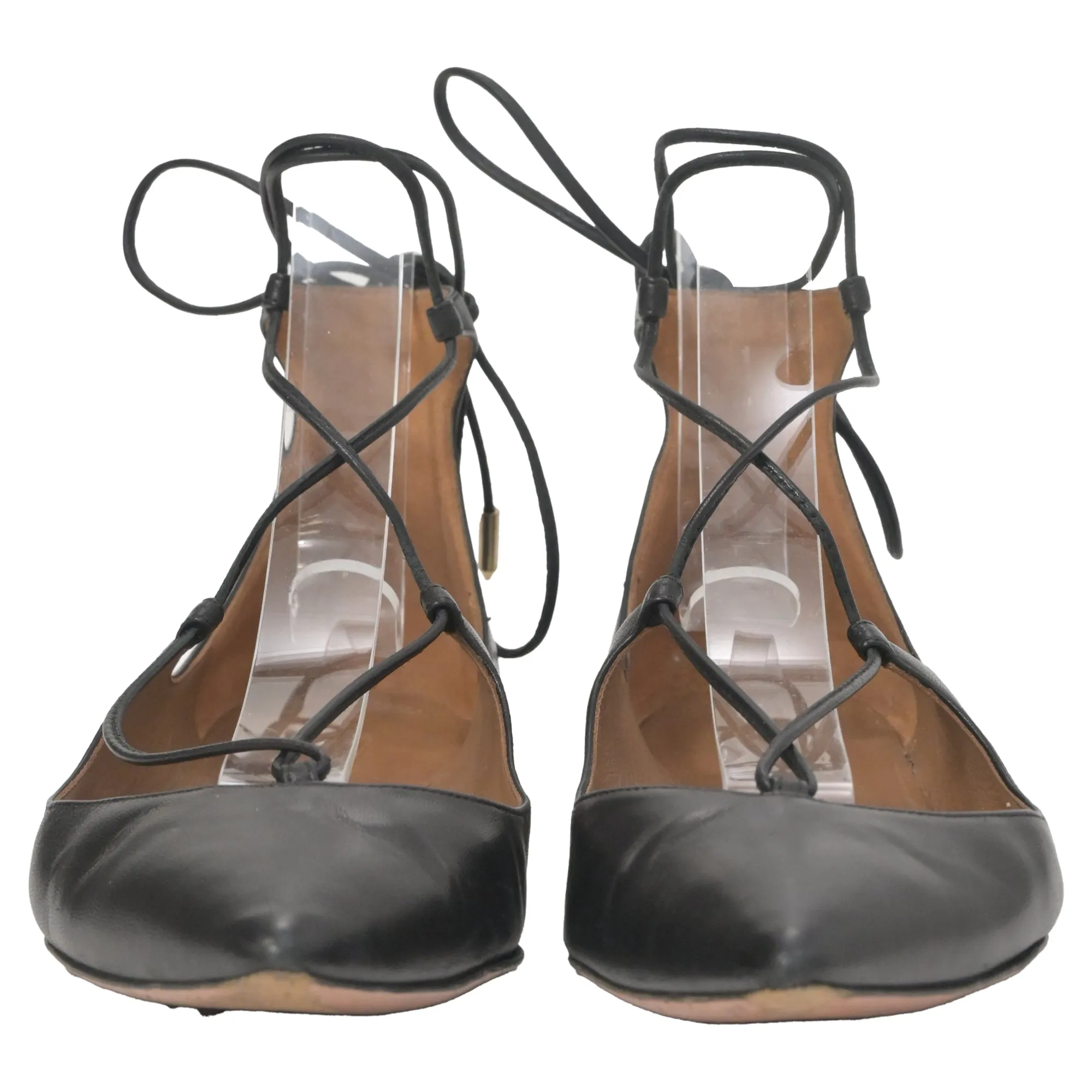 Aquazzura Christy  Lace-Up Ballet Shoes in Black Leather
