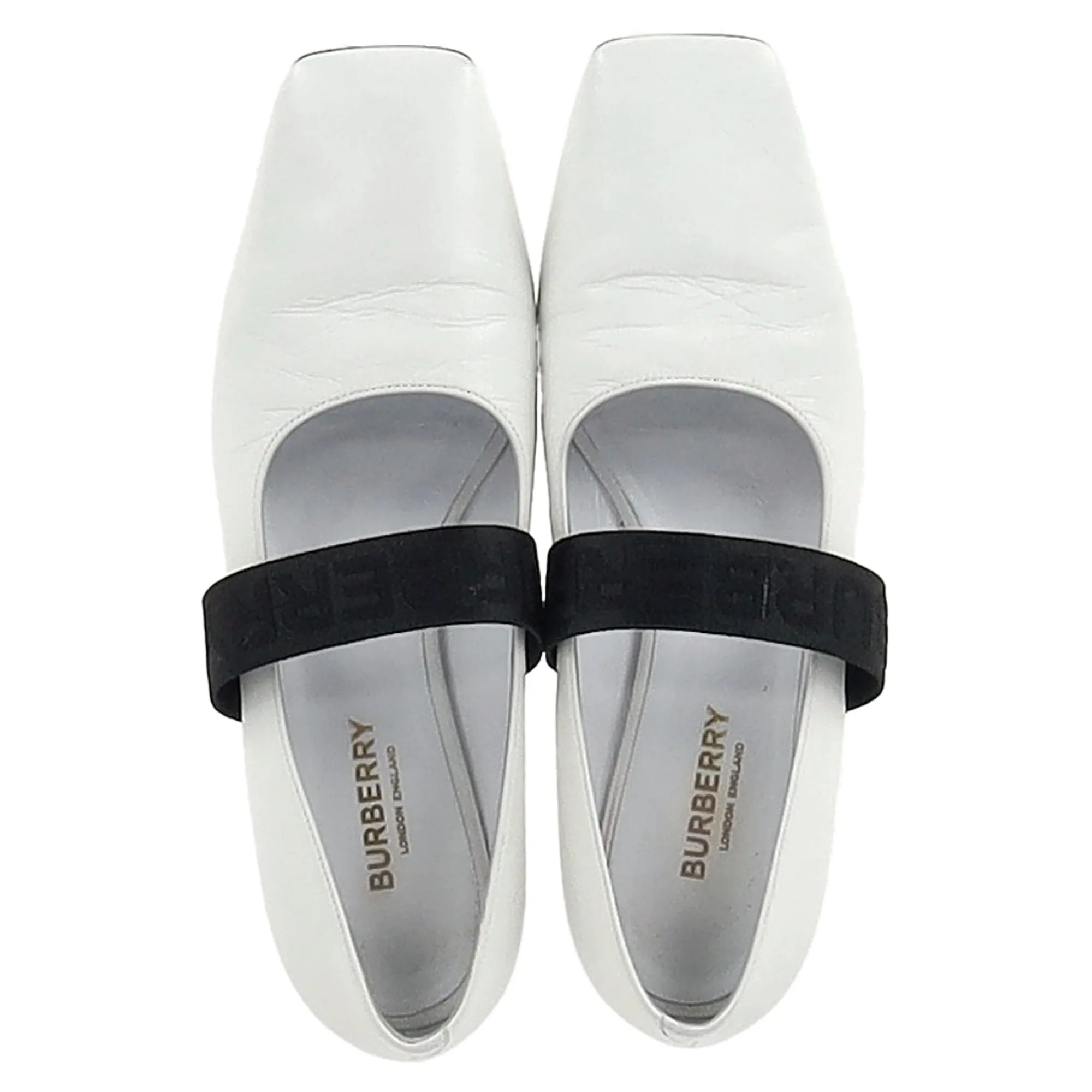 Burberry Square-Toe Logo Strap Ballet Flats in White Leather