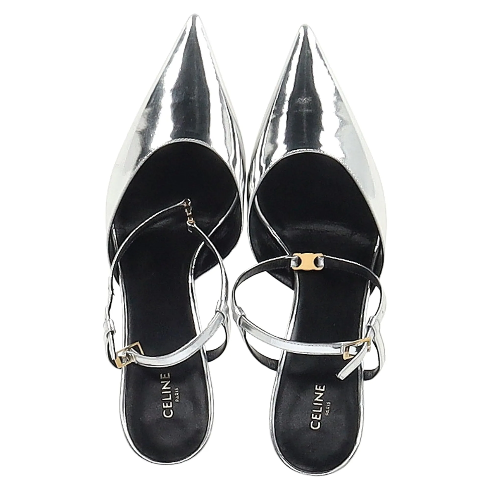 Celine Ankle Strap Pointed Toe Pumps in Silver Leather