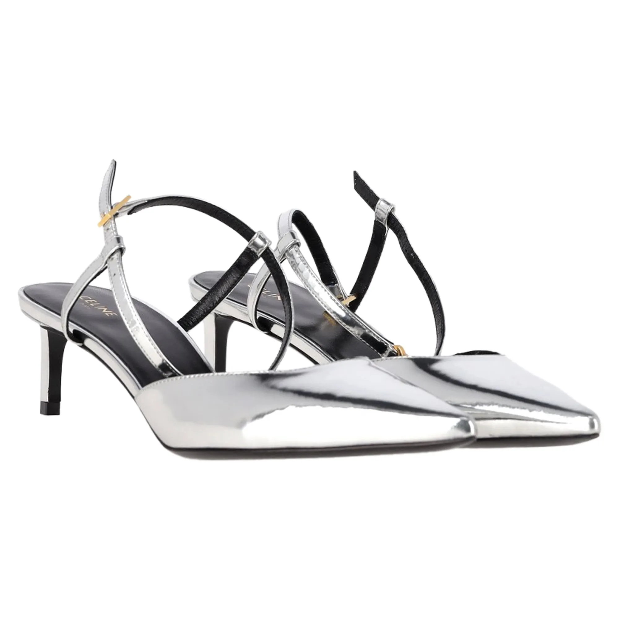 Celine Ankle Strap Pointed Toe Pumps in Silver Leather