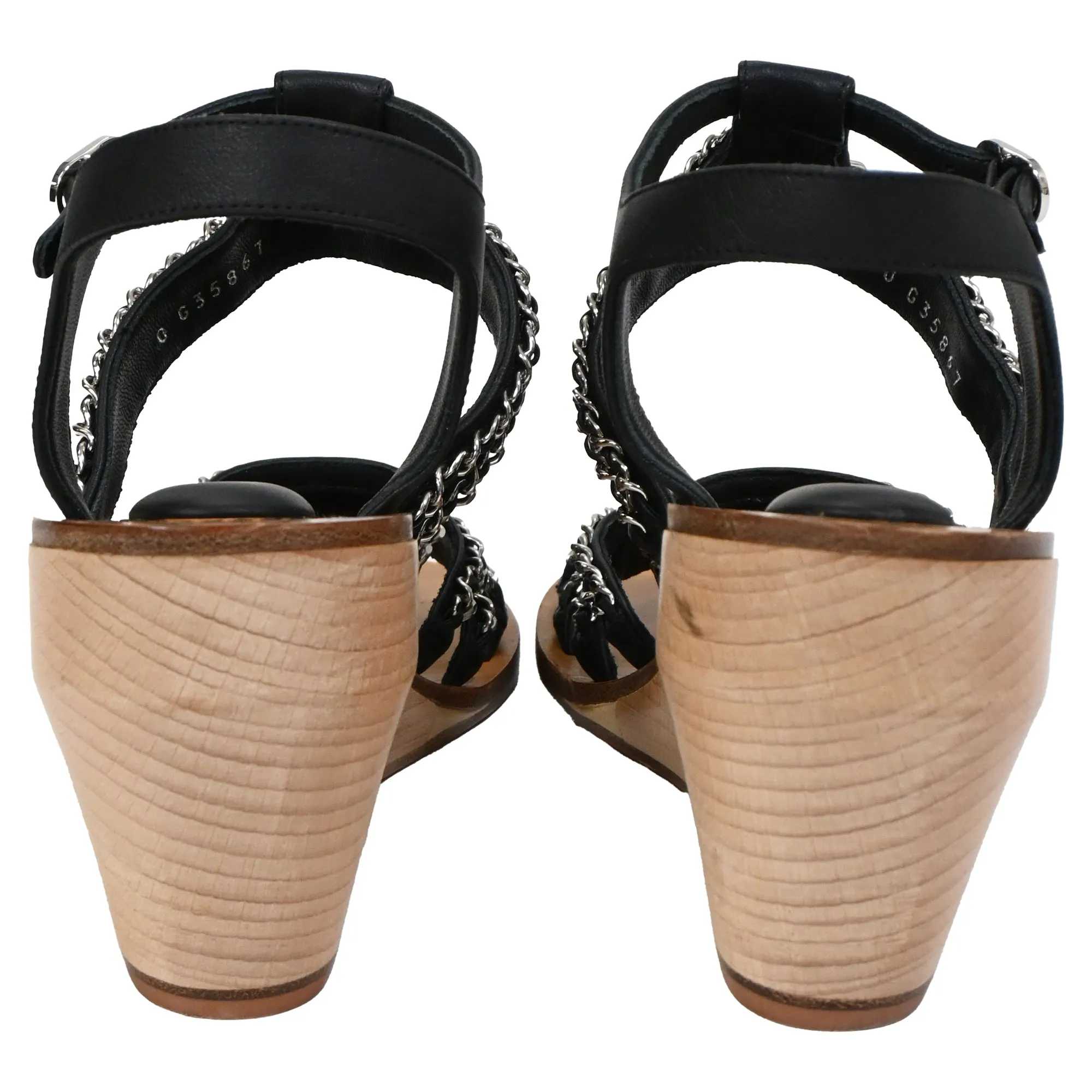 Chanel Quilted Chain Wedge Sandals in Black Lambskin Leather
