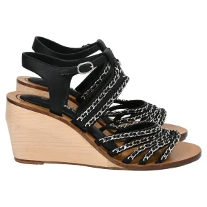 Chanel Quilted Chain Wedge Sandals in Black Lambskin Leather