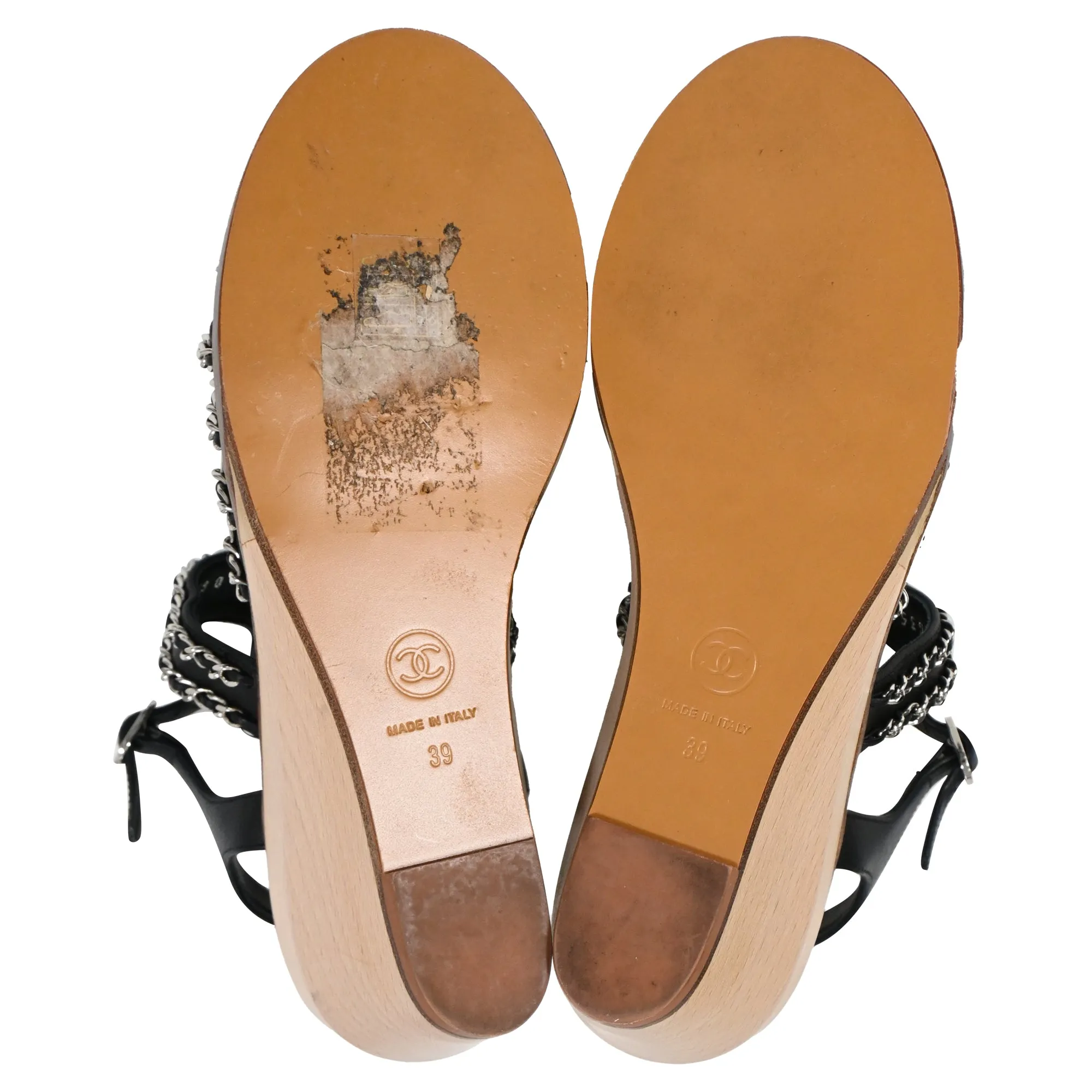 Chanel Quilted Chain Wedge Sandals in Black Lambskin Leather