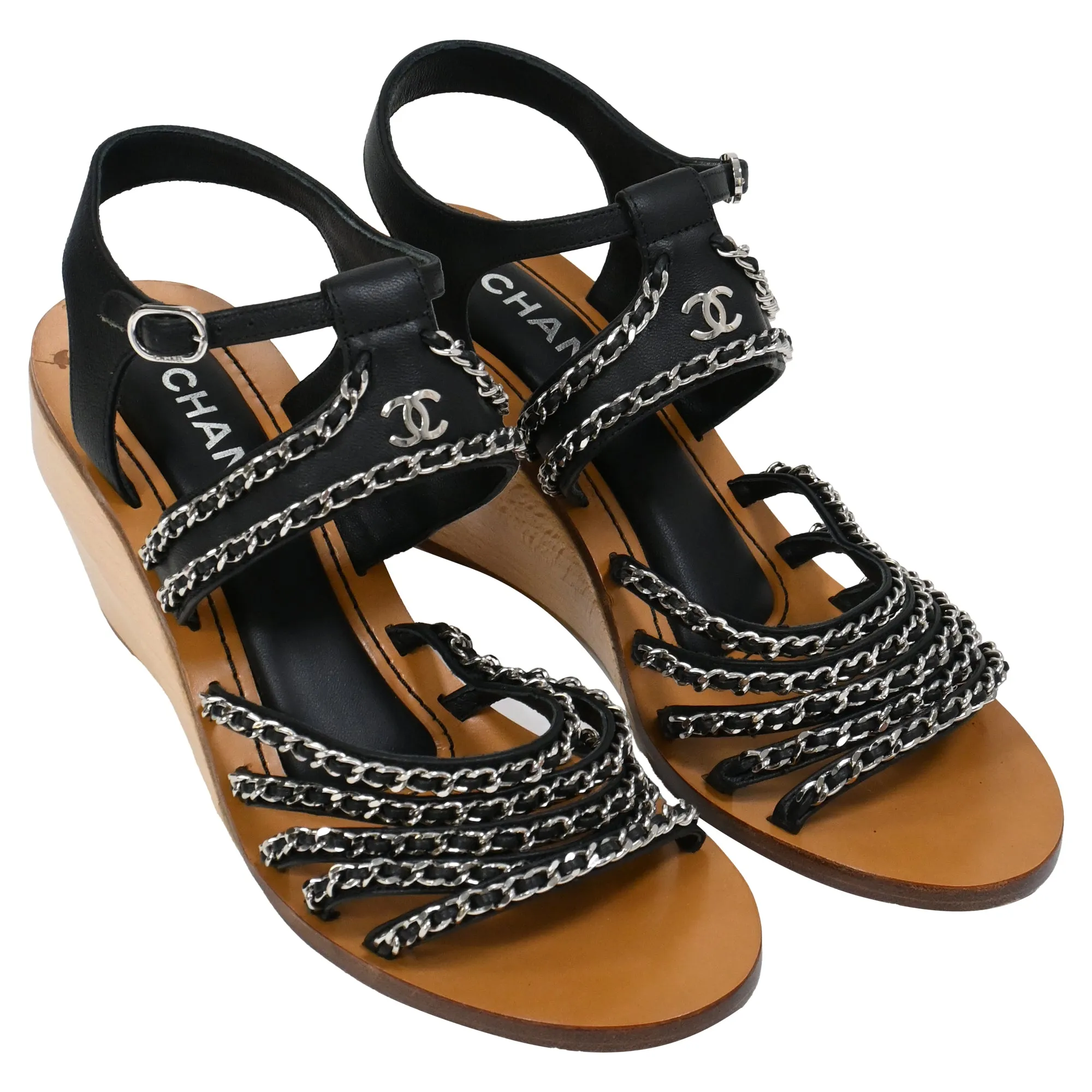 Chanel Quilted Chain Wedge Sandals in Black Lambskin Leather