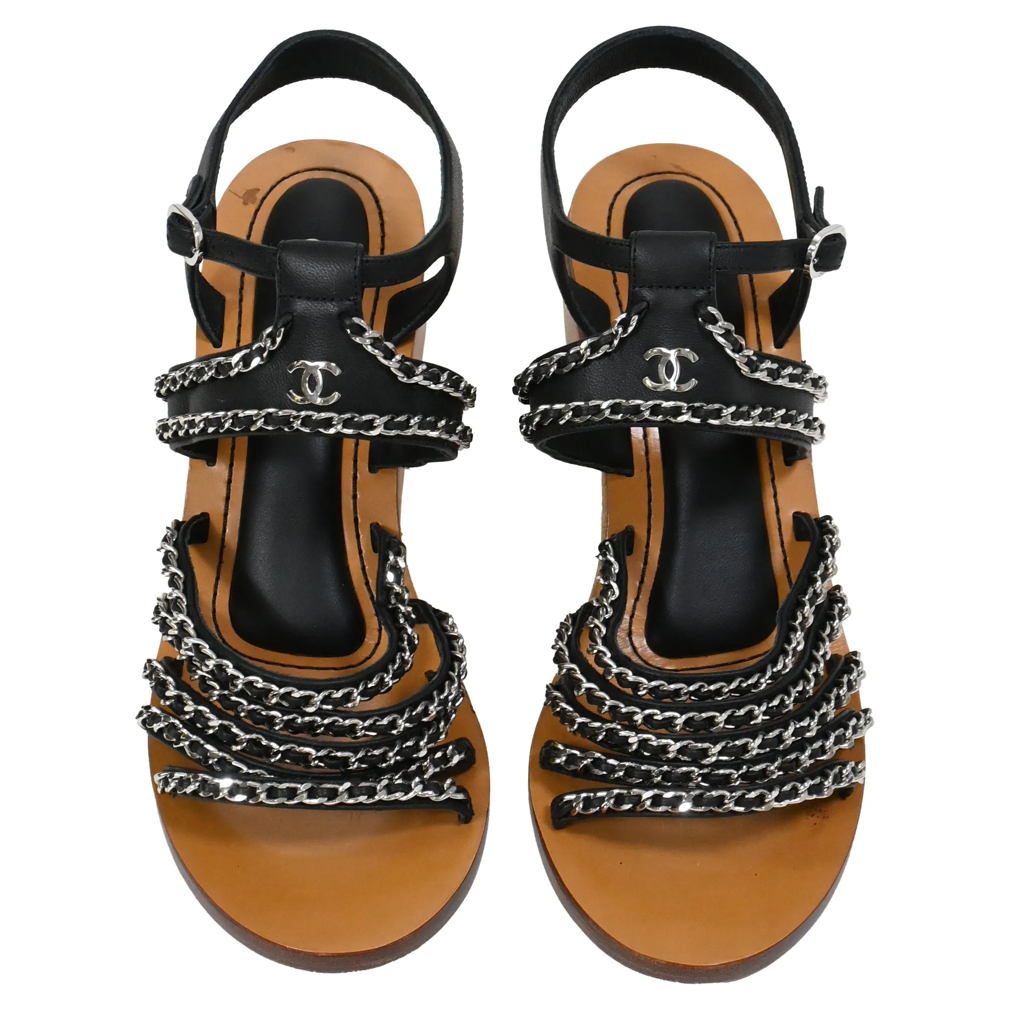 Chanel Quilted Chain Wedge Sandals in Black Lambskin Leather