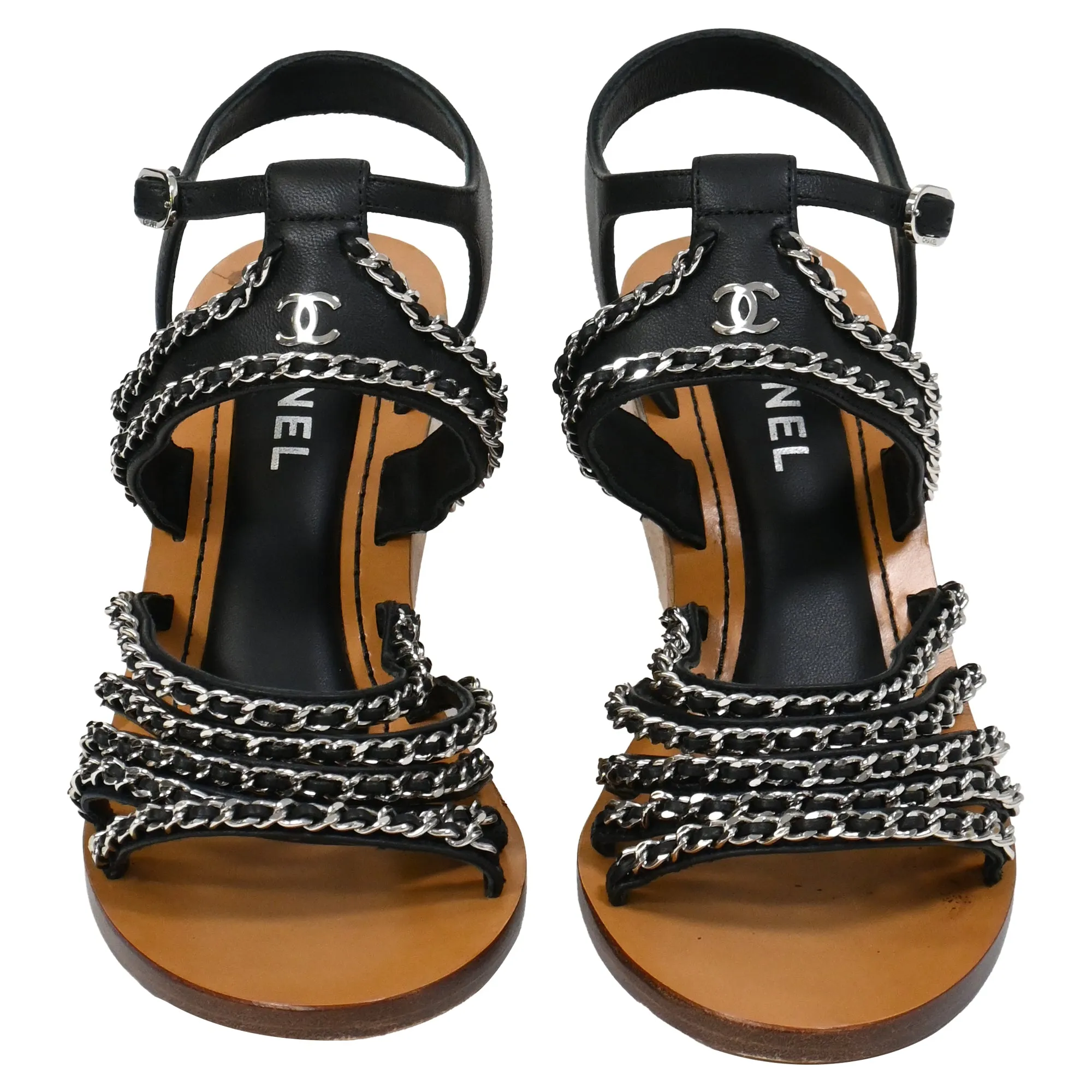 Chanel Quilted Chain Wedge Sandals in Black Lambskin Leather