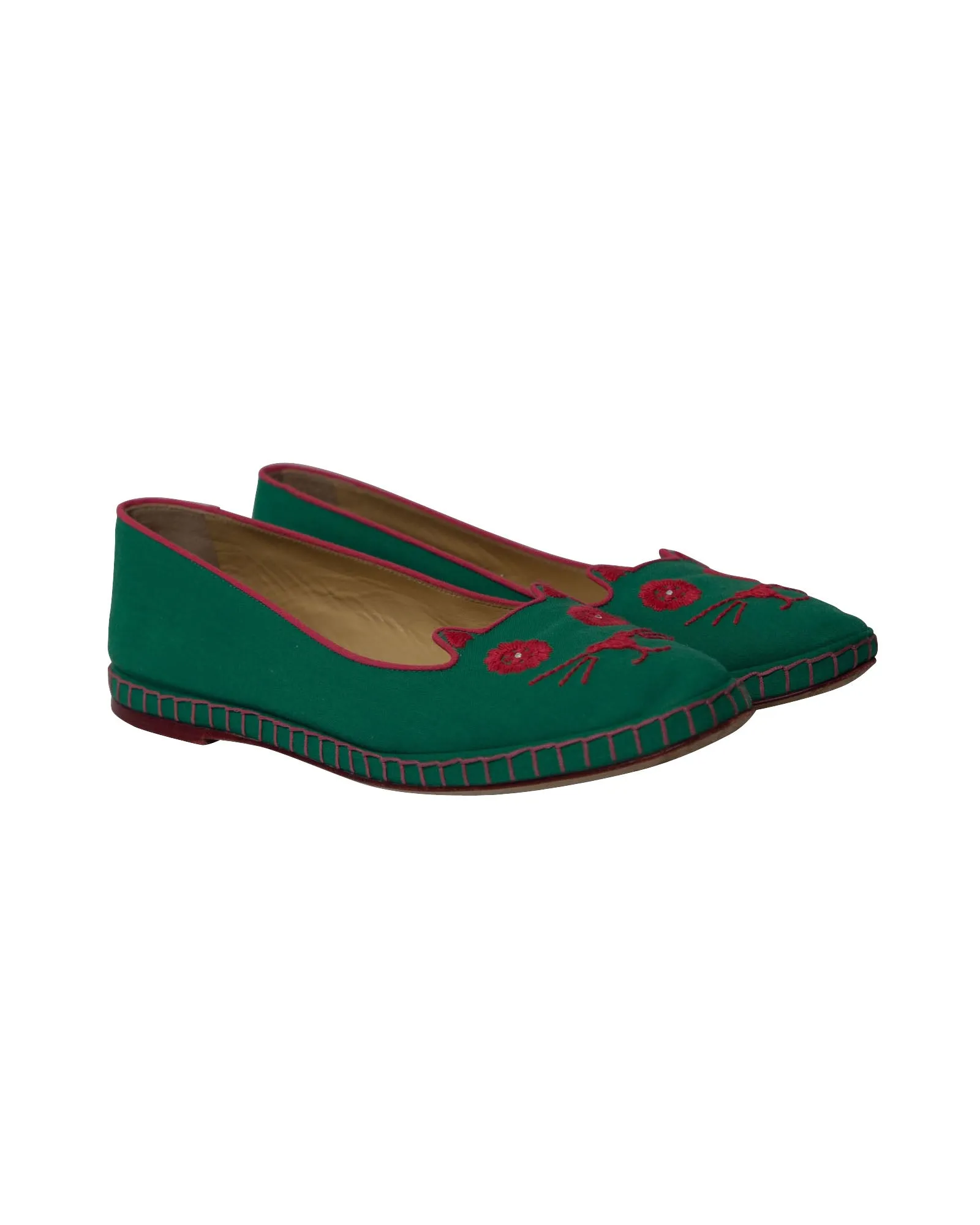 Charlotte Olympia Cat Espadrilles in Green Cotton