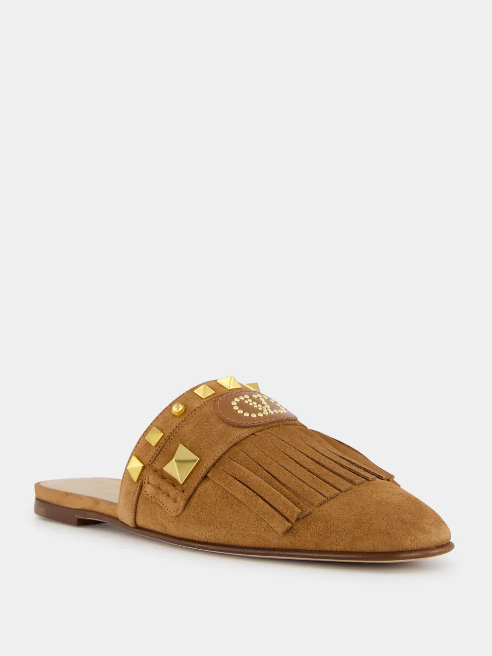 Copper Brown Suede Flat Slippers with Rockstuds