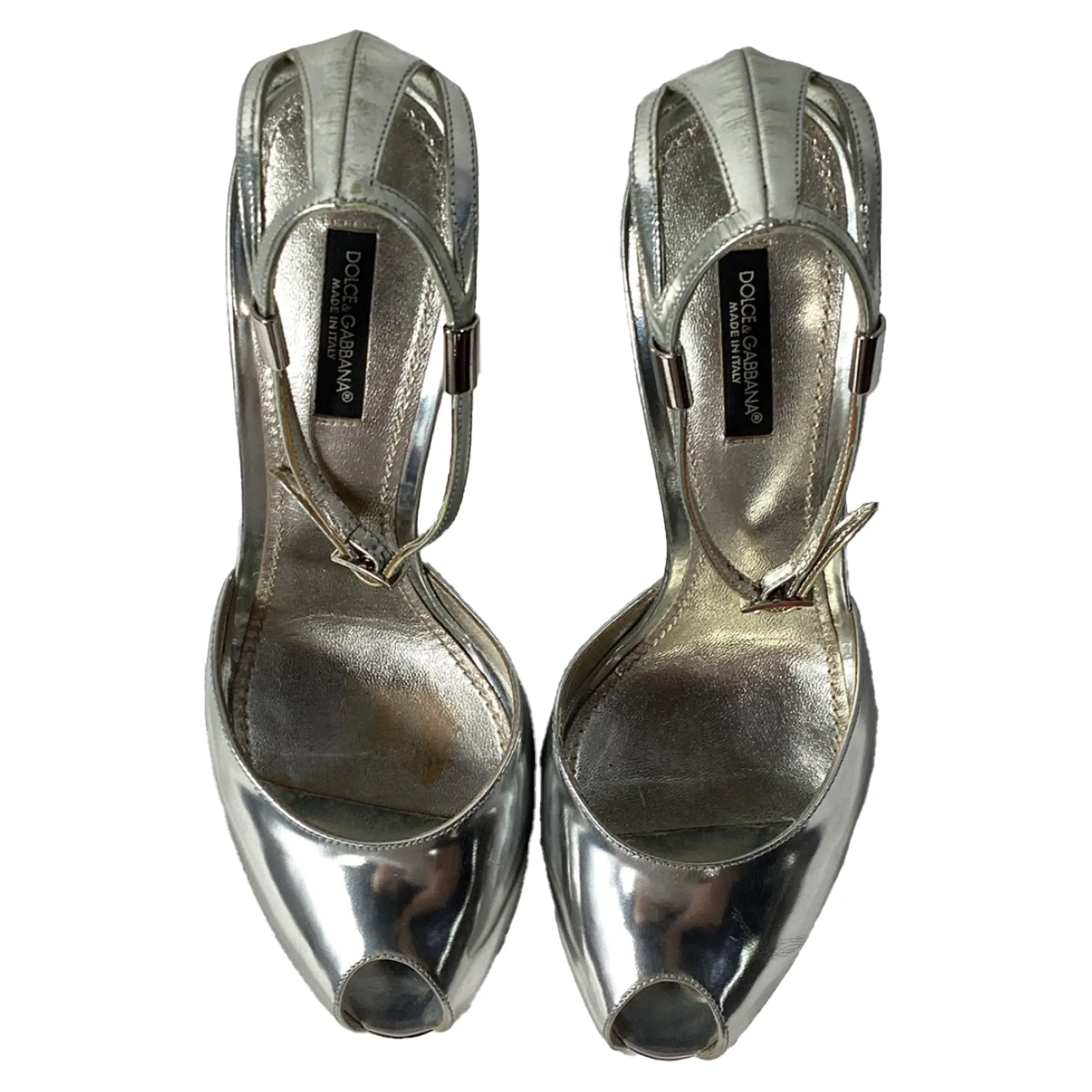 Dolce & Gabbana Peep-Toe Ankle Strap Pumps in Silver Leather