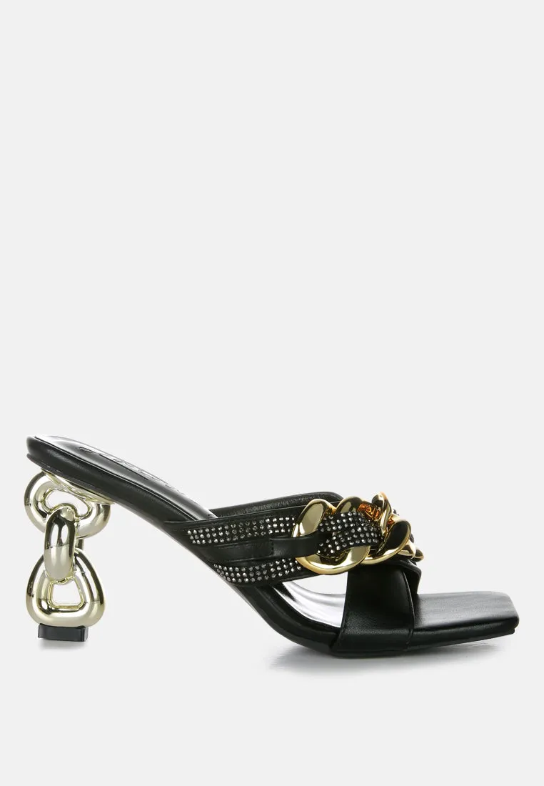 evelane metallic chain heeled diamante sandals