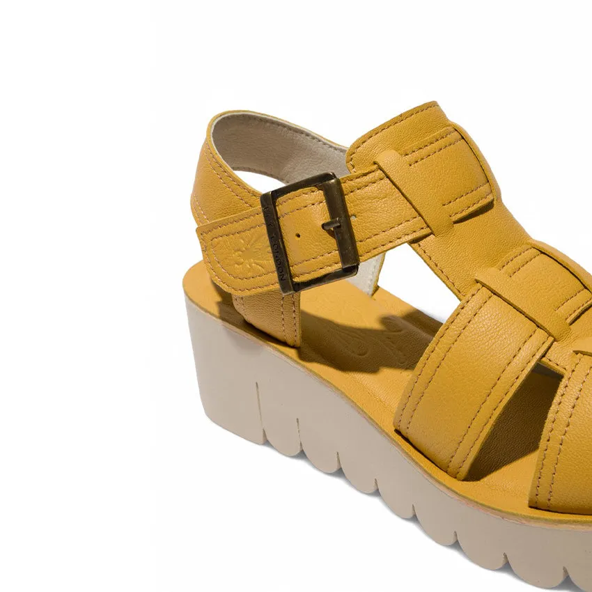 Fly London Women's YUDD236FLY Bumblebee Yellow Leather Sandals Espadrille Platform Wedges