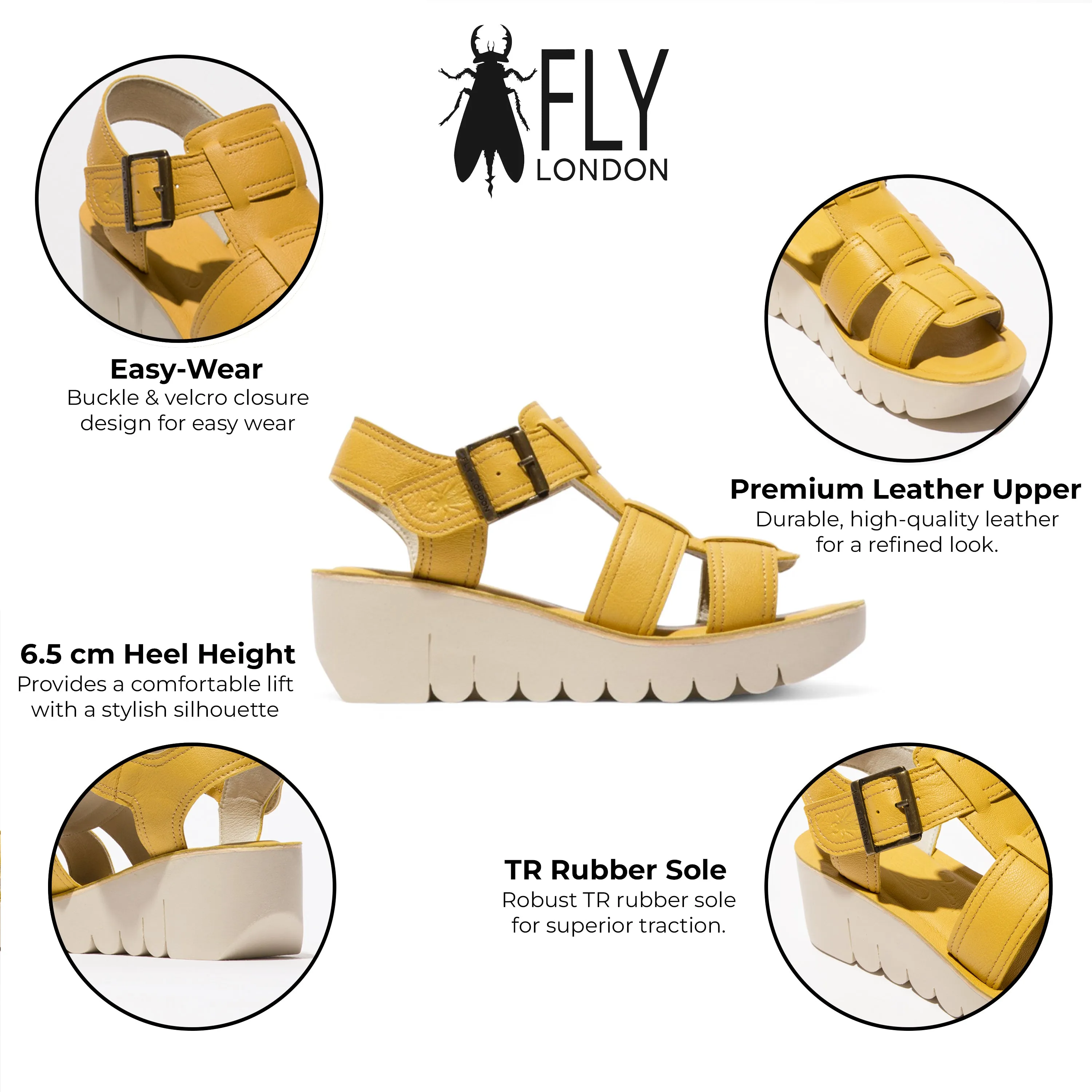 Fly London Women's YUDD236FLY Bumblebee Yellow Leather Sandals Espadrille Platform Wedges