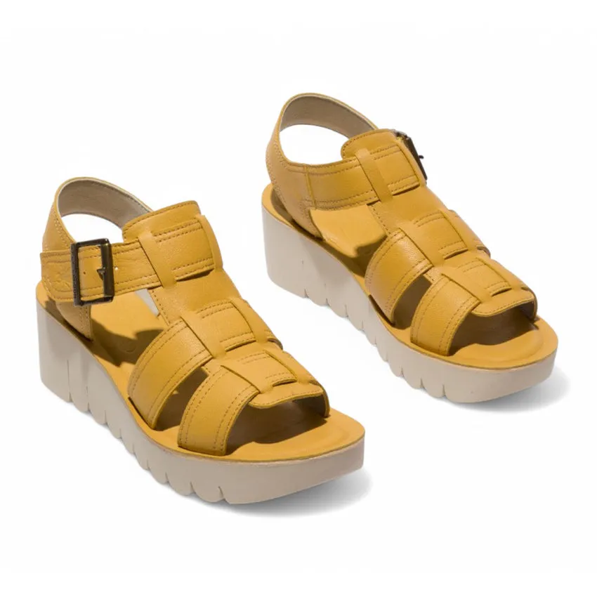 Fly London Women's YUDD236FLY Bumblebee Yellow Leather Sandals Espadrille Platform Wedges