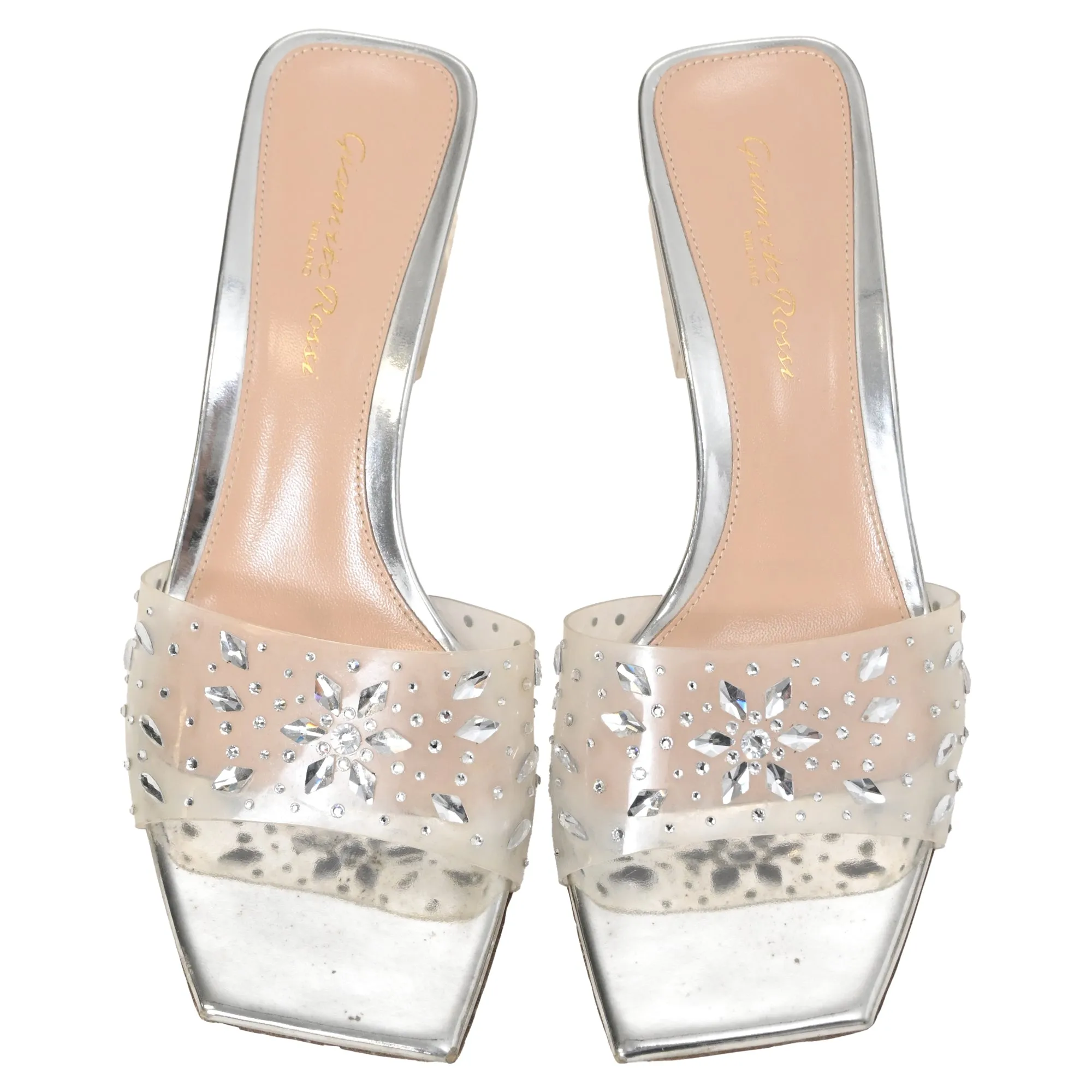 Gianvito Rossi Crystal-Embellished Transparent Heels in Silver Leather