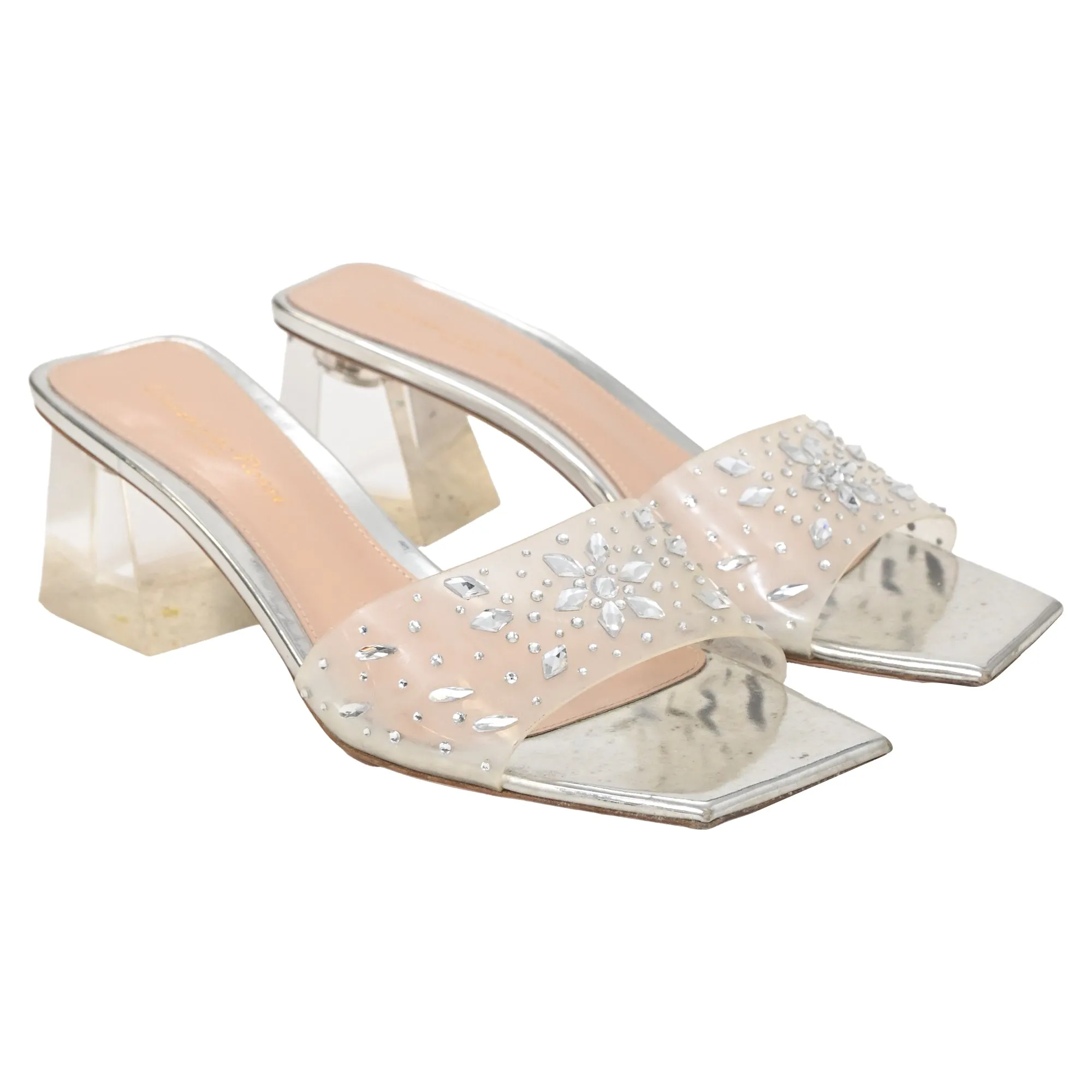Gianvito Rossi Crystal-Embellished Transparent Heels in Silver Leather