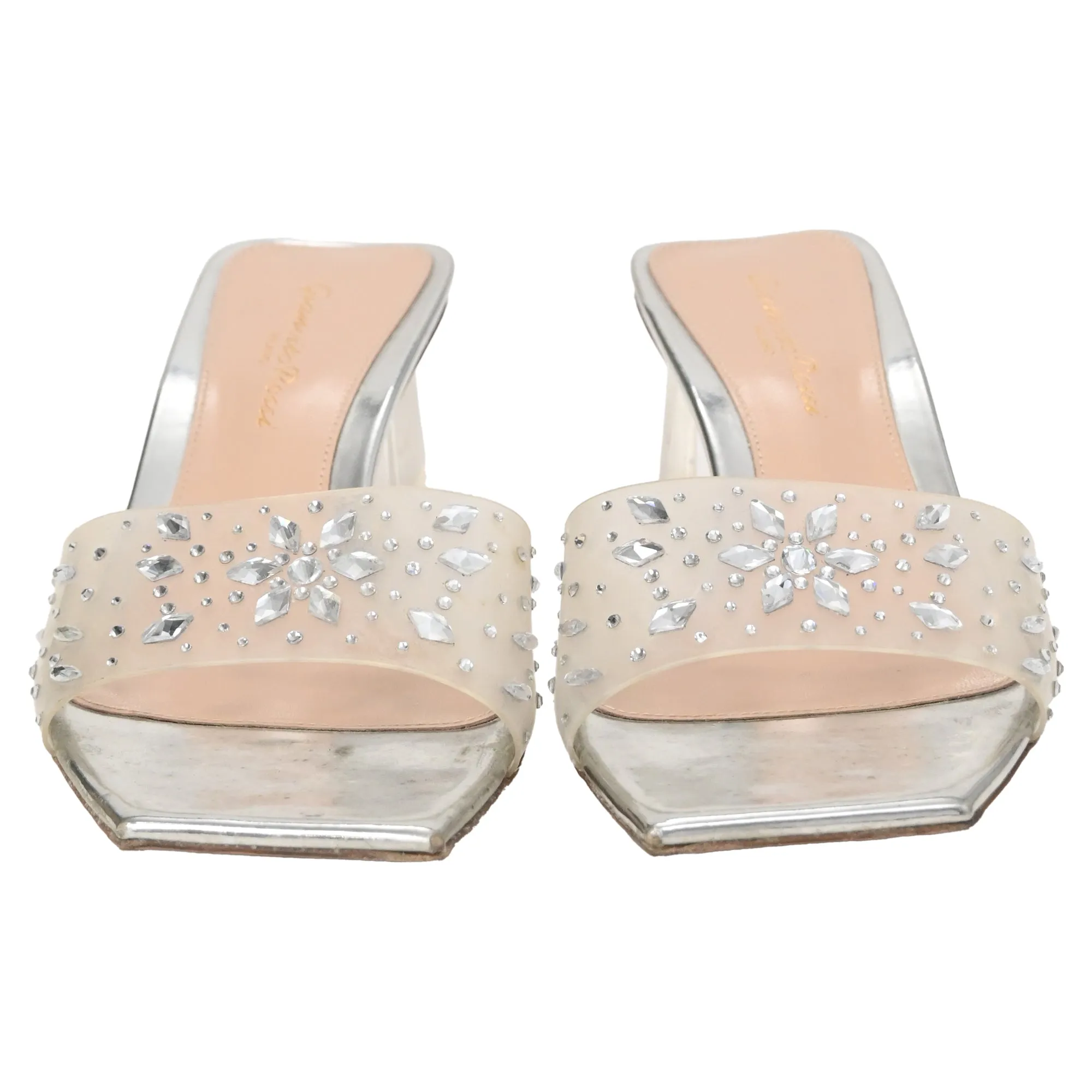 Gianvito Rossi Crystal-Embellished Transparent Heels in Silver Leather