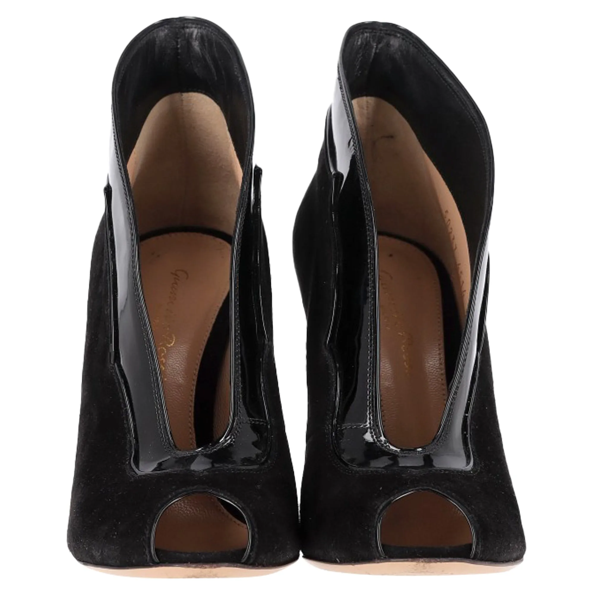 Gianvito Rossi Vamp Peep-Toe Ankle Boots in Black Suede and Leather