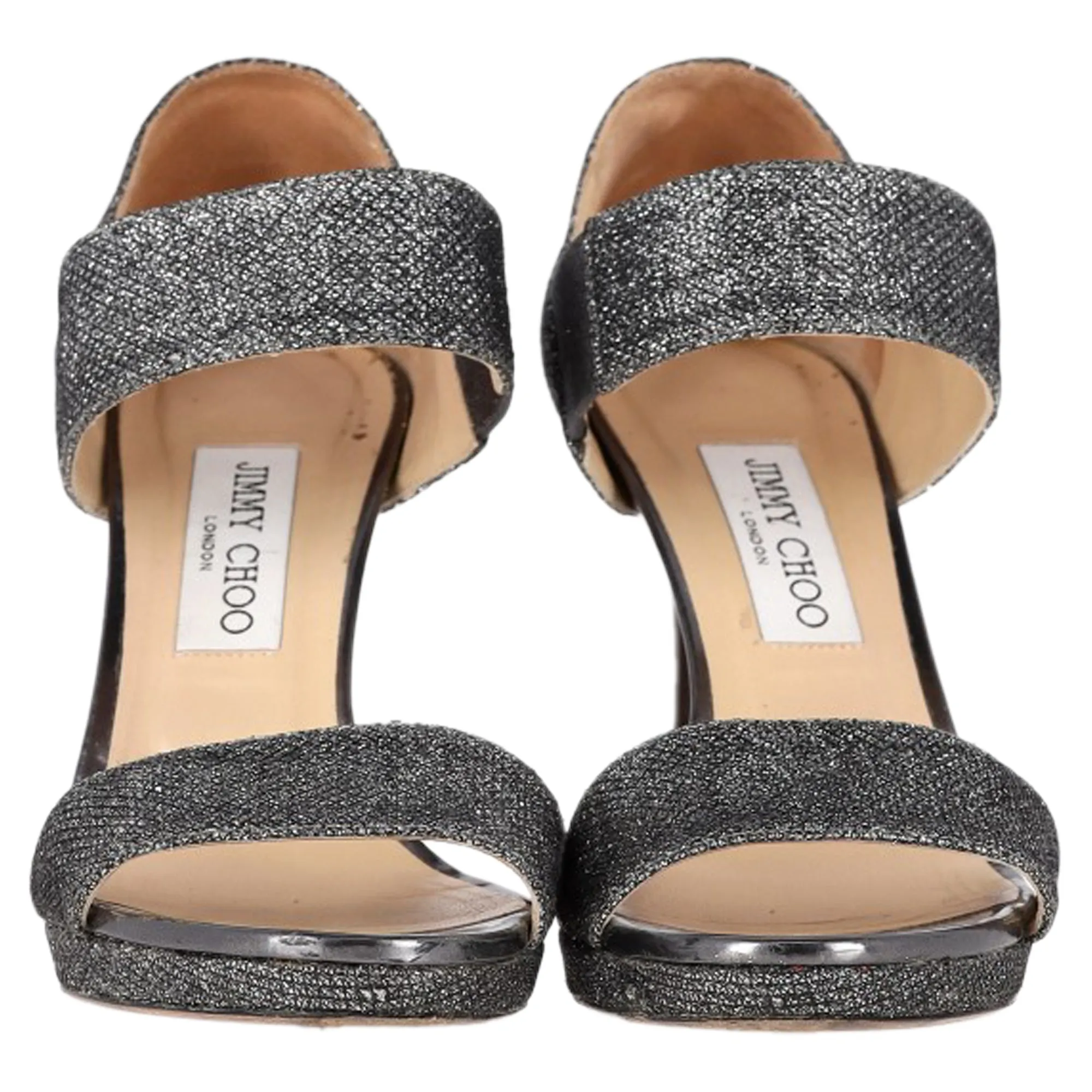 Jimmy Choo Closed Heel Tab Sandals in Metallic Silver Polyester