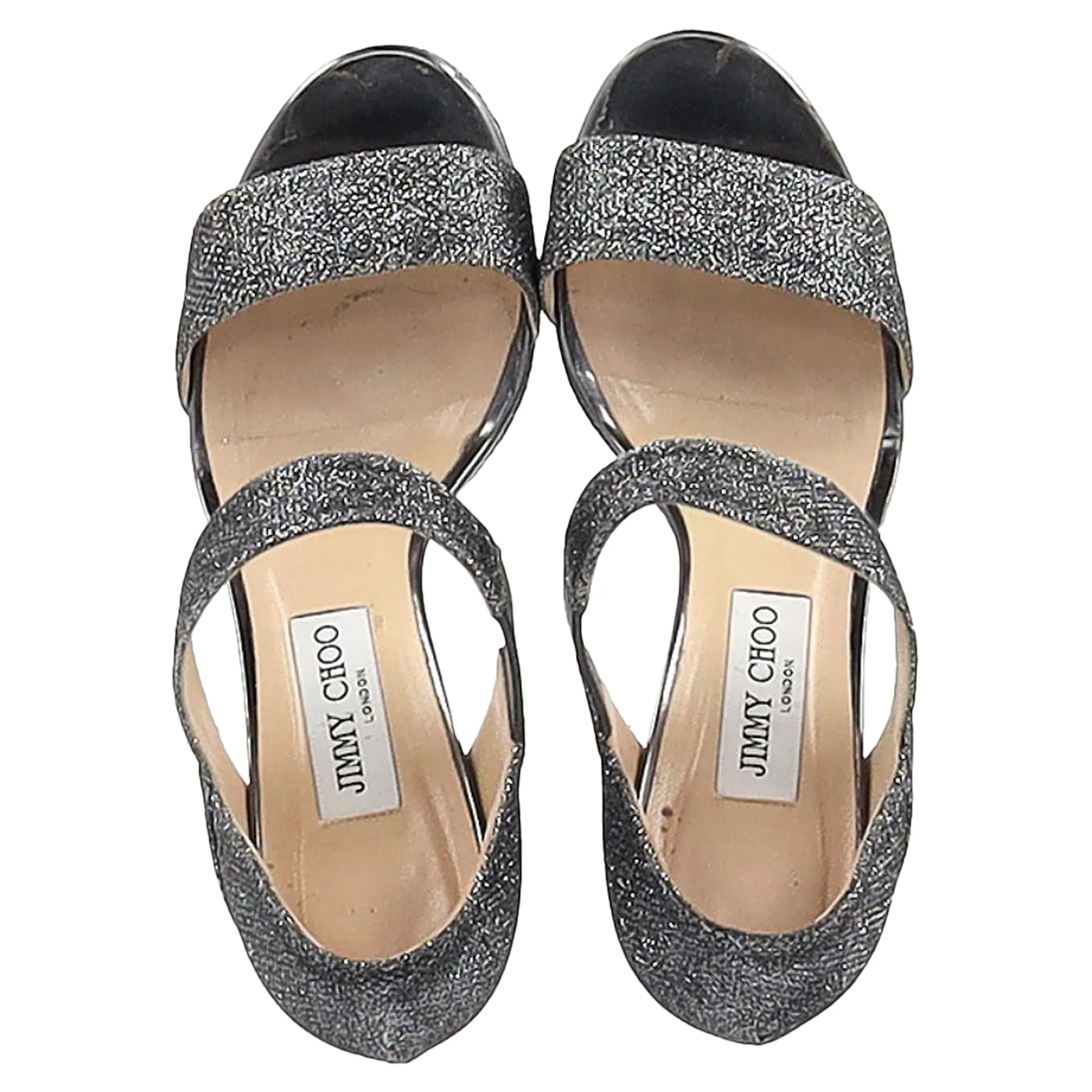 Jimmy Choo Closed Heel Tab Sandals in Metallic Silver Polyester