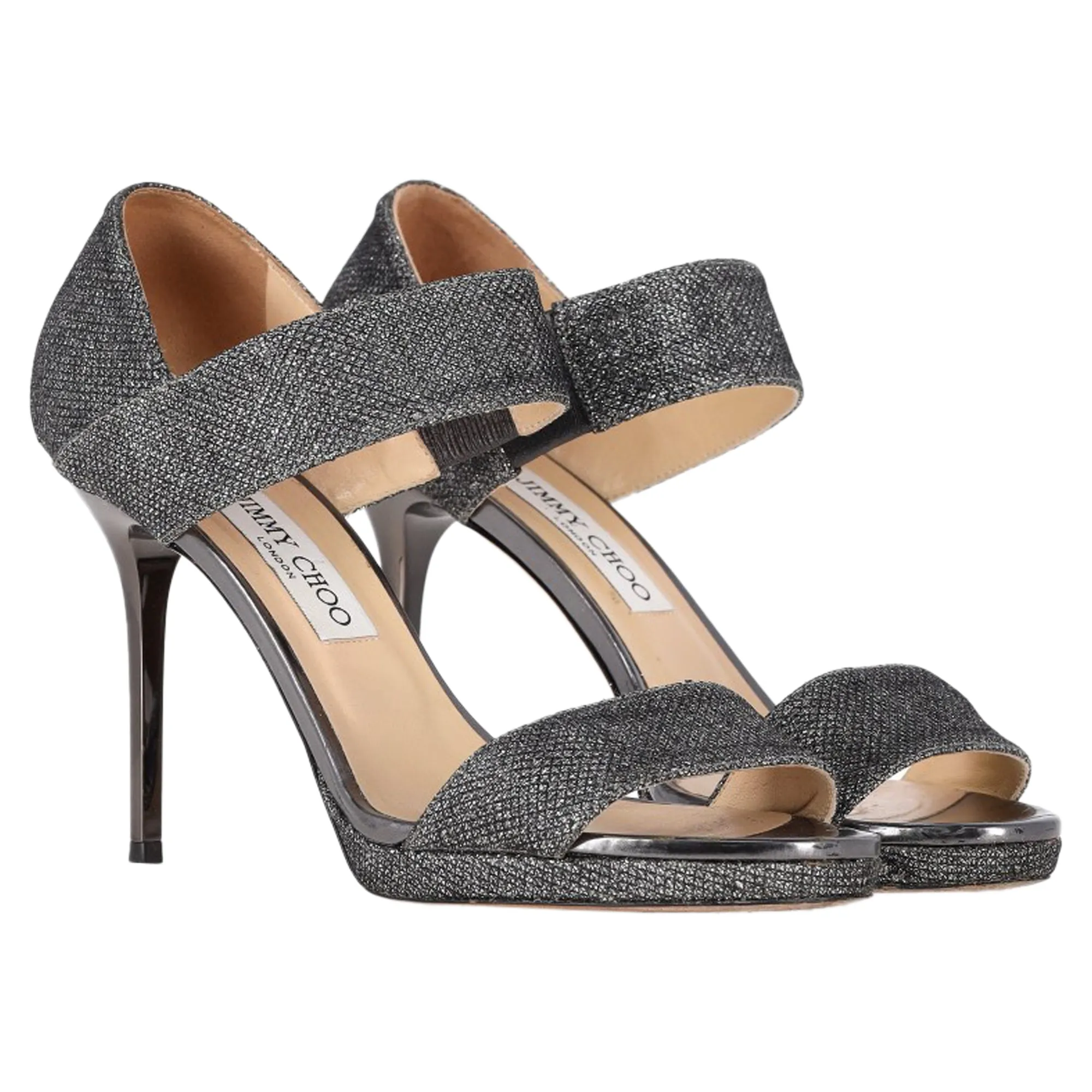Jimmy Choo Closed Heel Tab Sandals in Metallic Silver Polyester