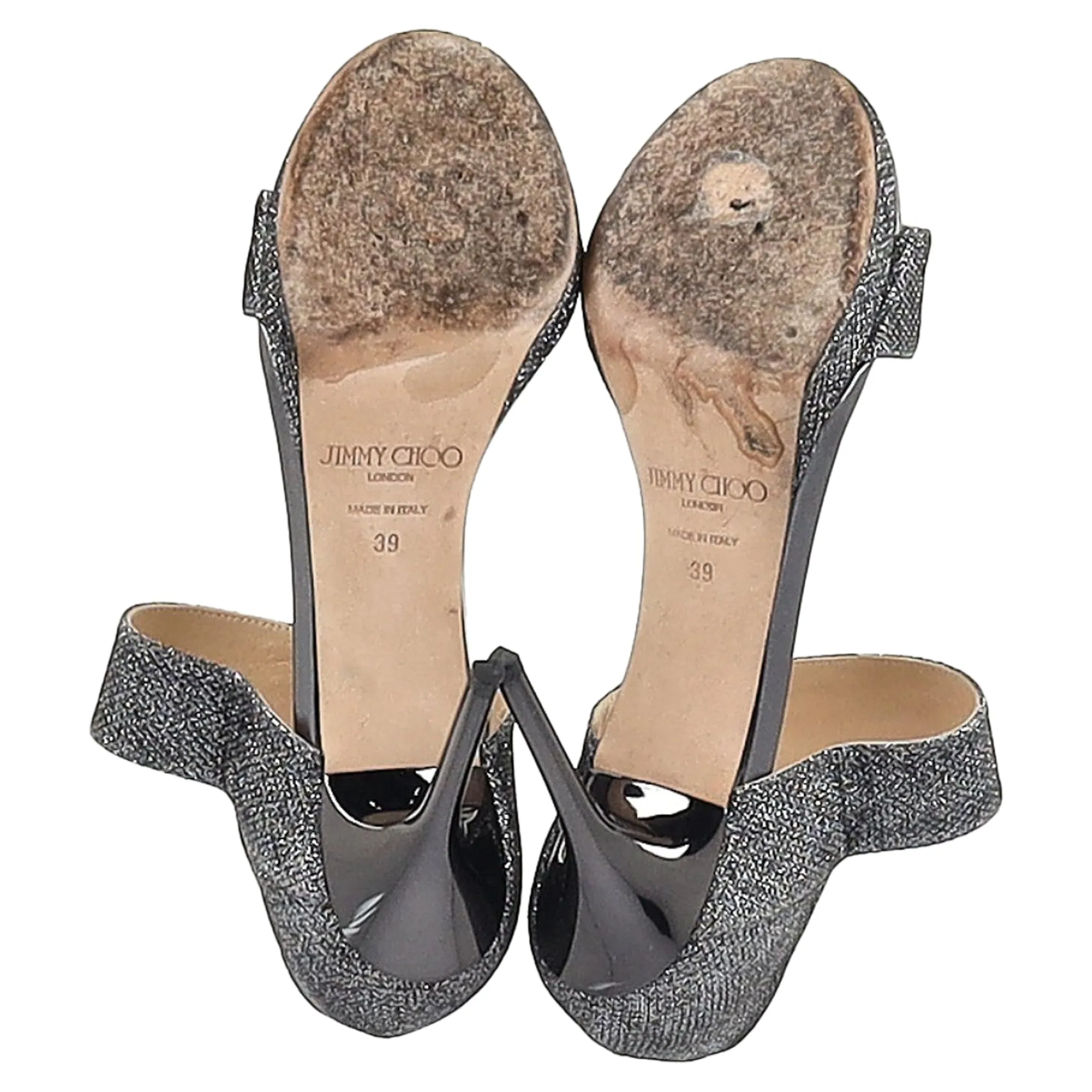 Jimmy Choo Closed Heel Tab Sandals in Metallic Silver Polyester
