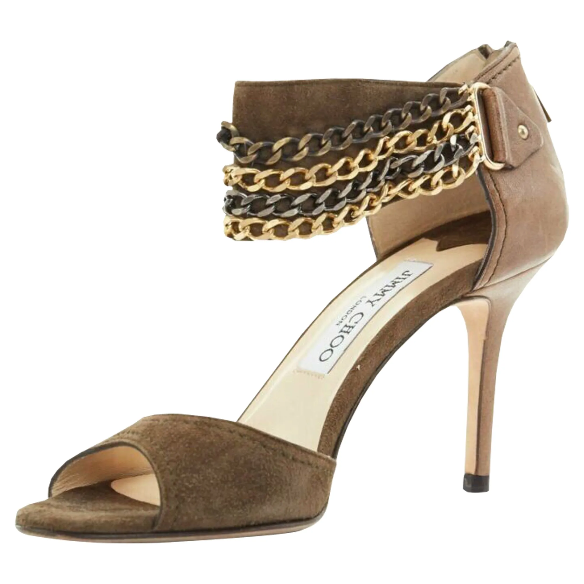 Jimmy Choo suede multi-chain ankle strap heel sandals