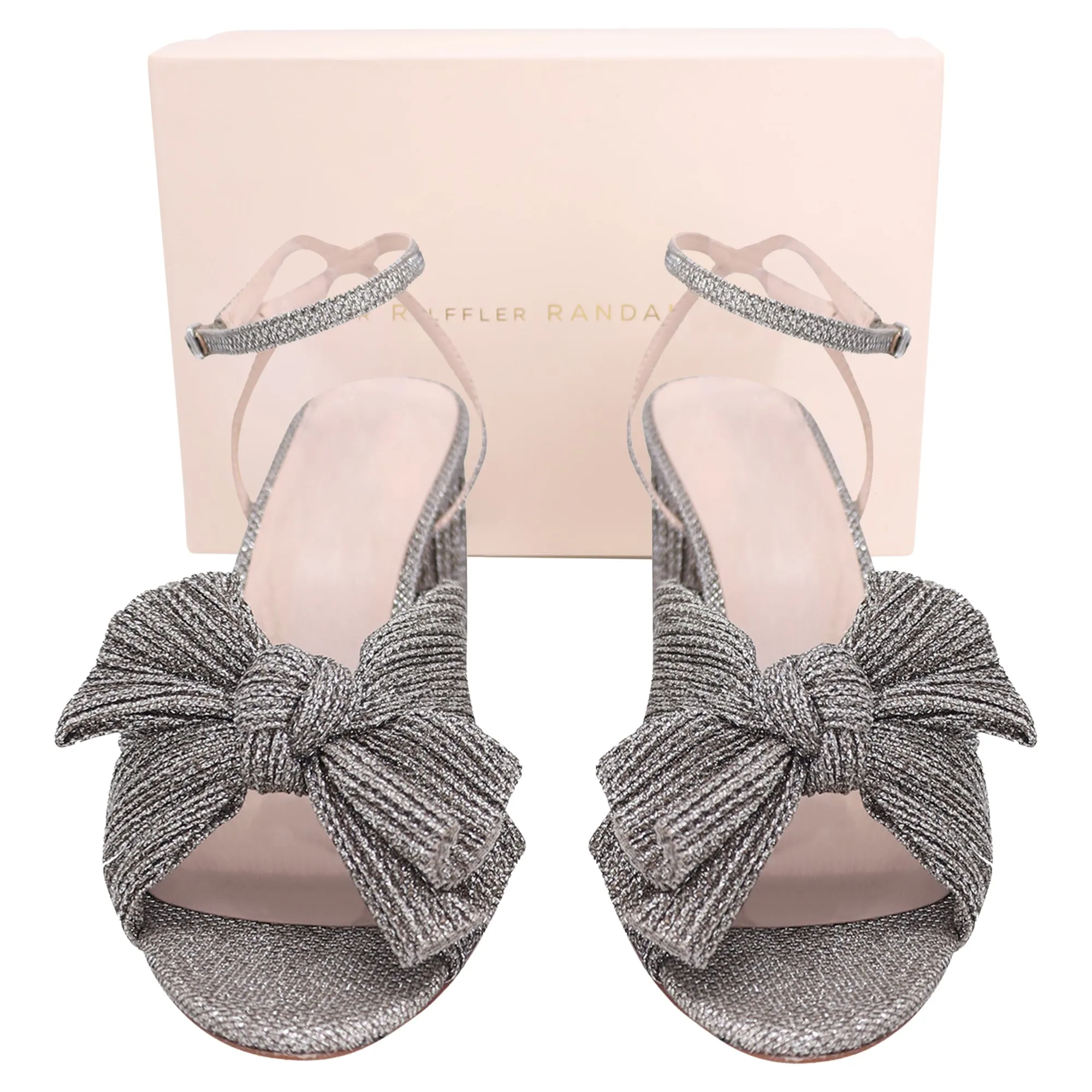 Loeffler Randall Camellia Knotted Metallic Sandals in Silver Satin