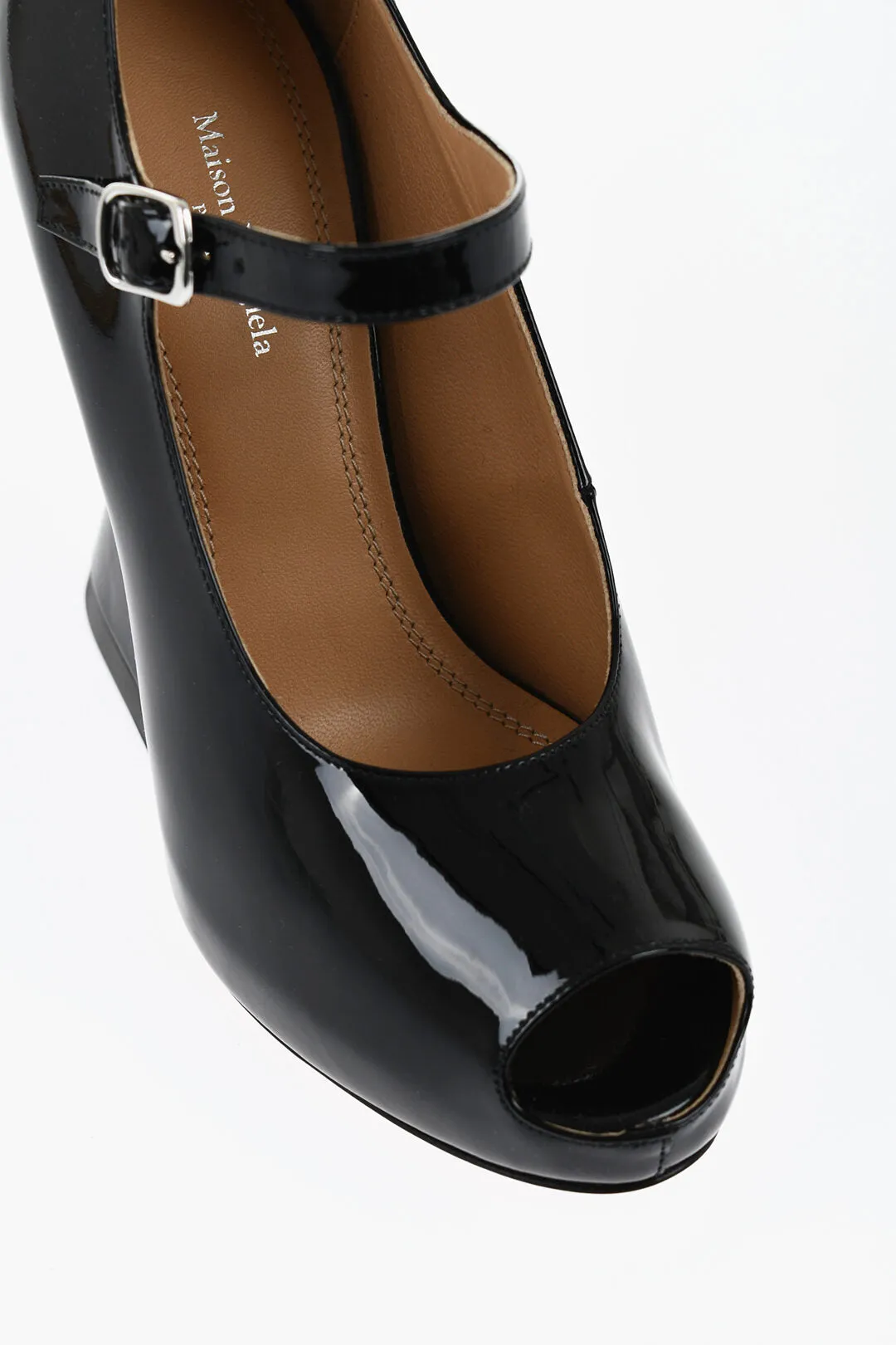 Maison Margiela Open-Toe Patent Leather Pumps With Strap Heel 13 Cm