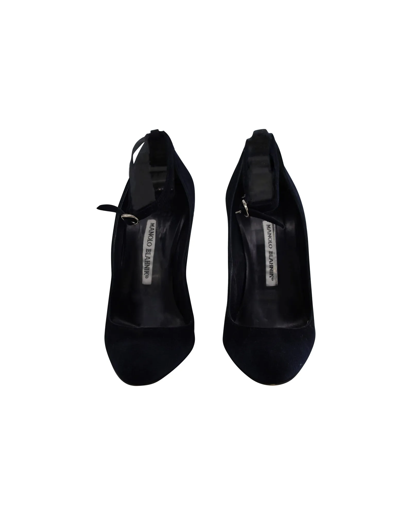 Manolo Blahnik Ankle Strap Mary Janes in Navy Blue Suede