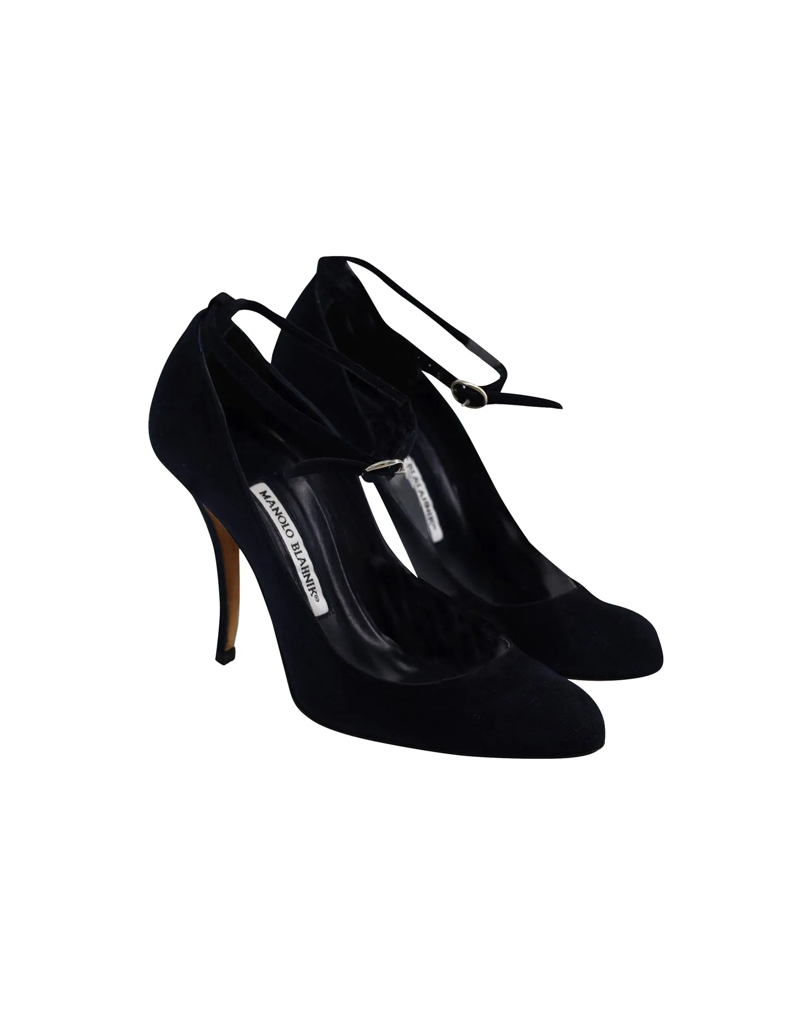 Manolo Blahnik Ankle Strap Mary Janes in Navy Blue Suede