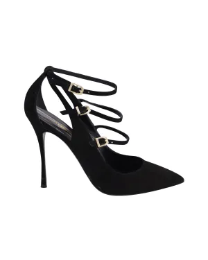 Nicholas Kirkwood Buckle Strappy Pointed Heels in Black Suede