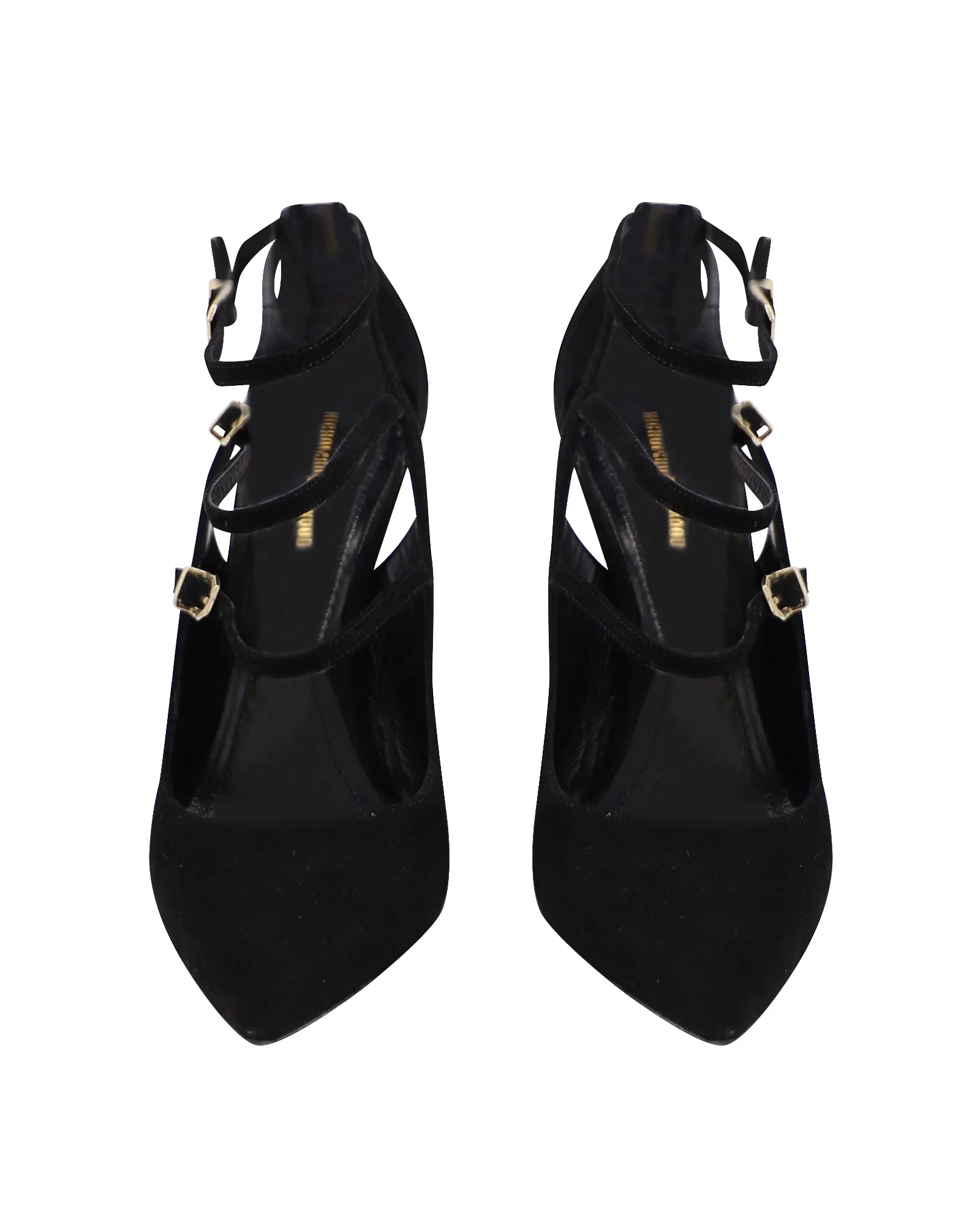 Nicholas Kirkwood Buckle Strappy Pointed Heels in Black Suede