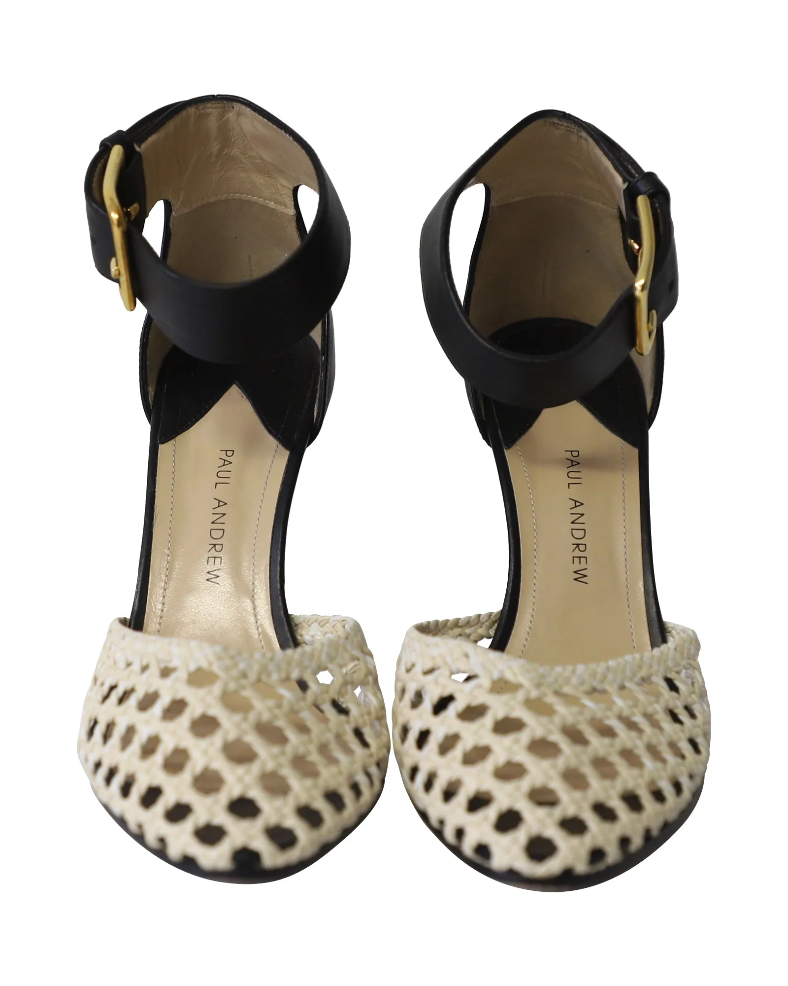 Paul Andrew Cane Weave Heeled Sandals in Dark Chocolate Brown and Cream Leather