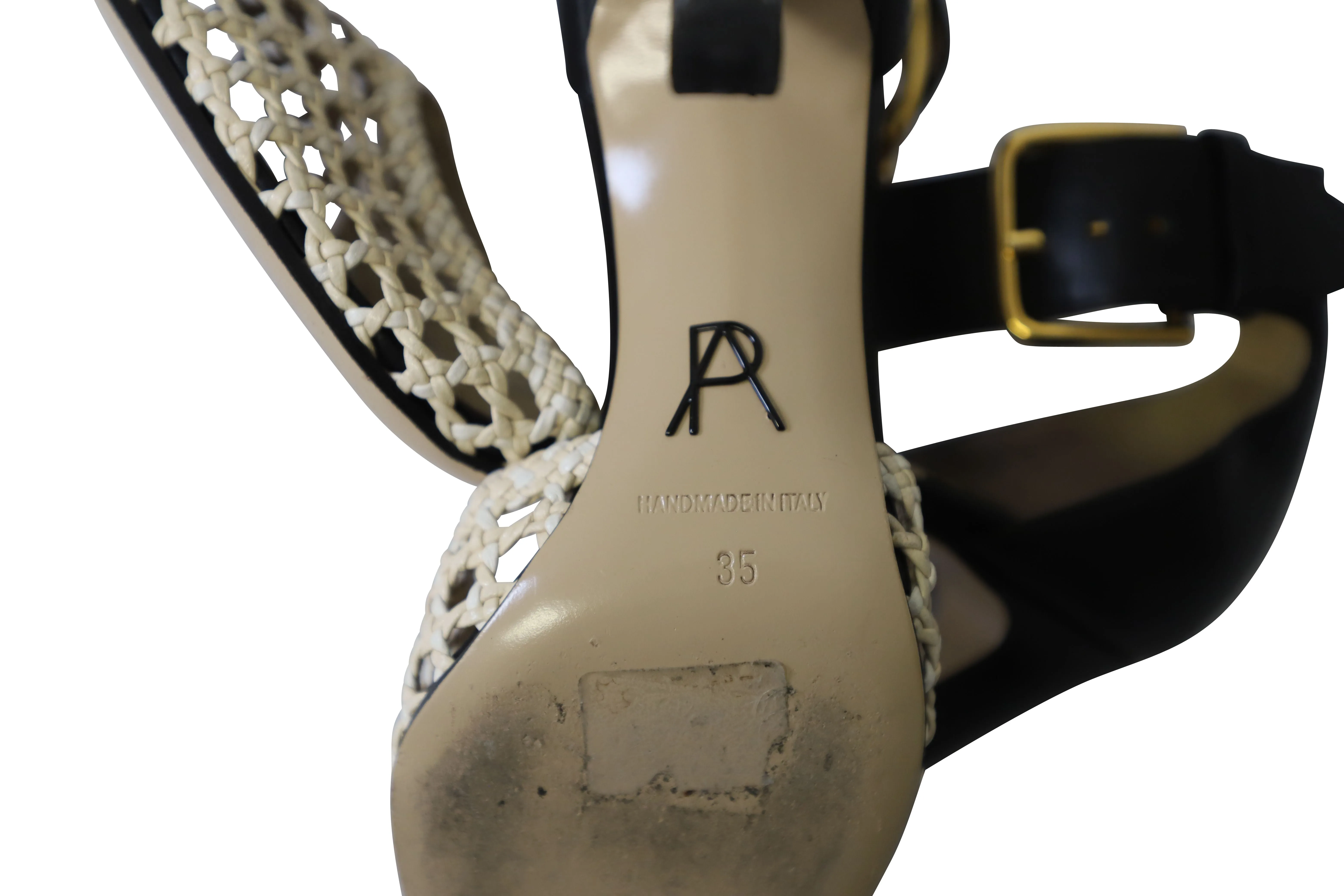 Paul Andrew Cane Weave Heeled Sandals in Dark Chocolate Brown and Cream Leather