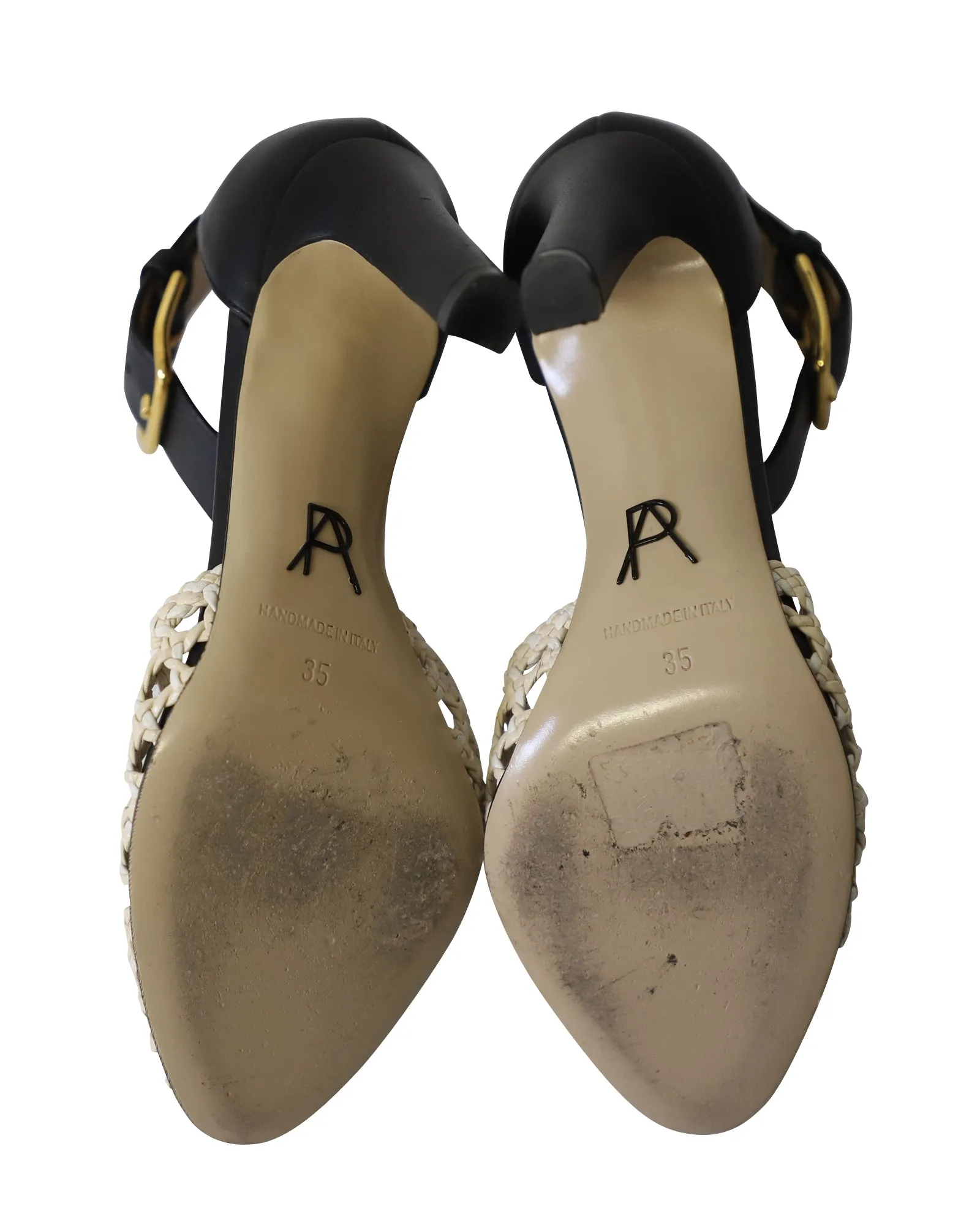 Paul Andrew Cane Weave Heeled Sandals in Dark Chocolate Brown and Cream Leather