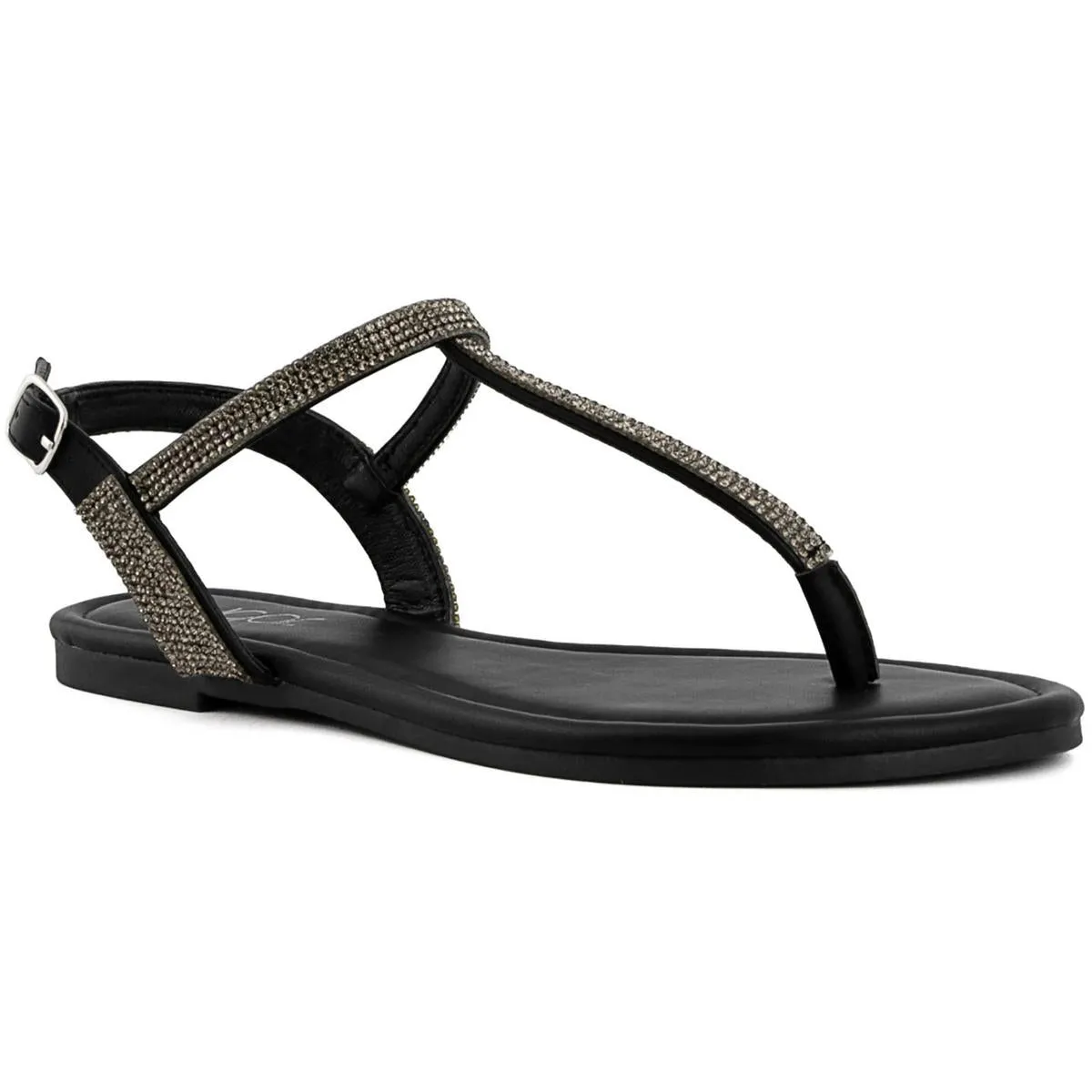 Pedra Womens Faux Leather Rhinestone T-Strap Sandals