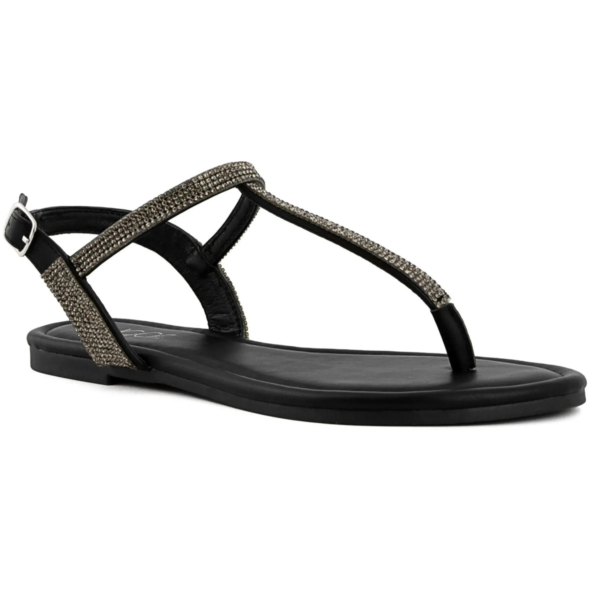 Pedra Womens Faux Leather Rhinestone T-Strap Sandals