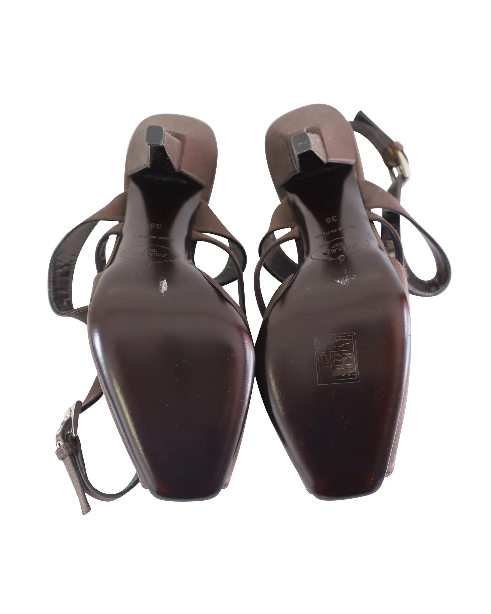 Prada Strappy High Heel Sandals in Brown Satin