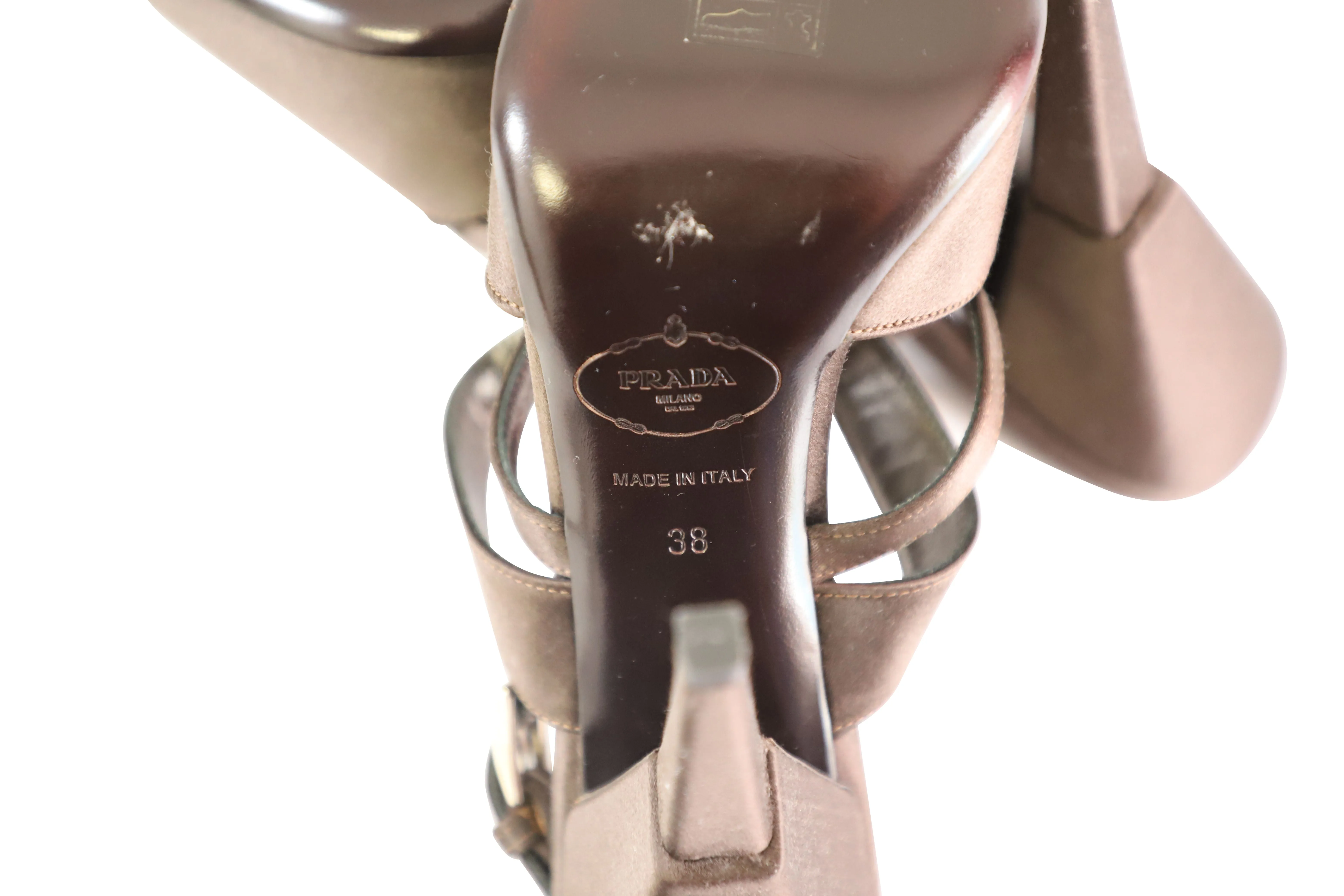 Prada Strappy High Heel Sandals in Brown Satin