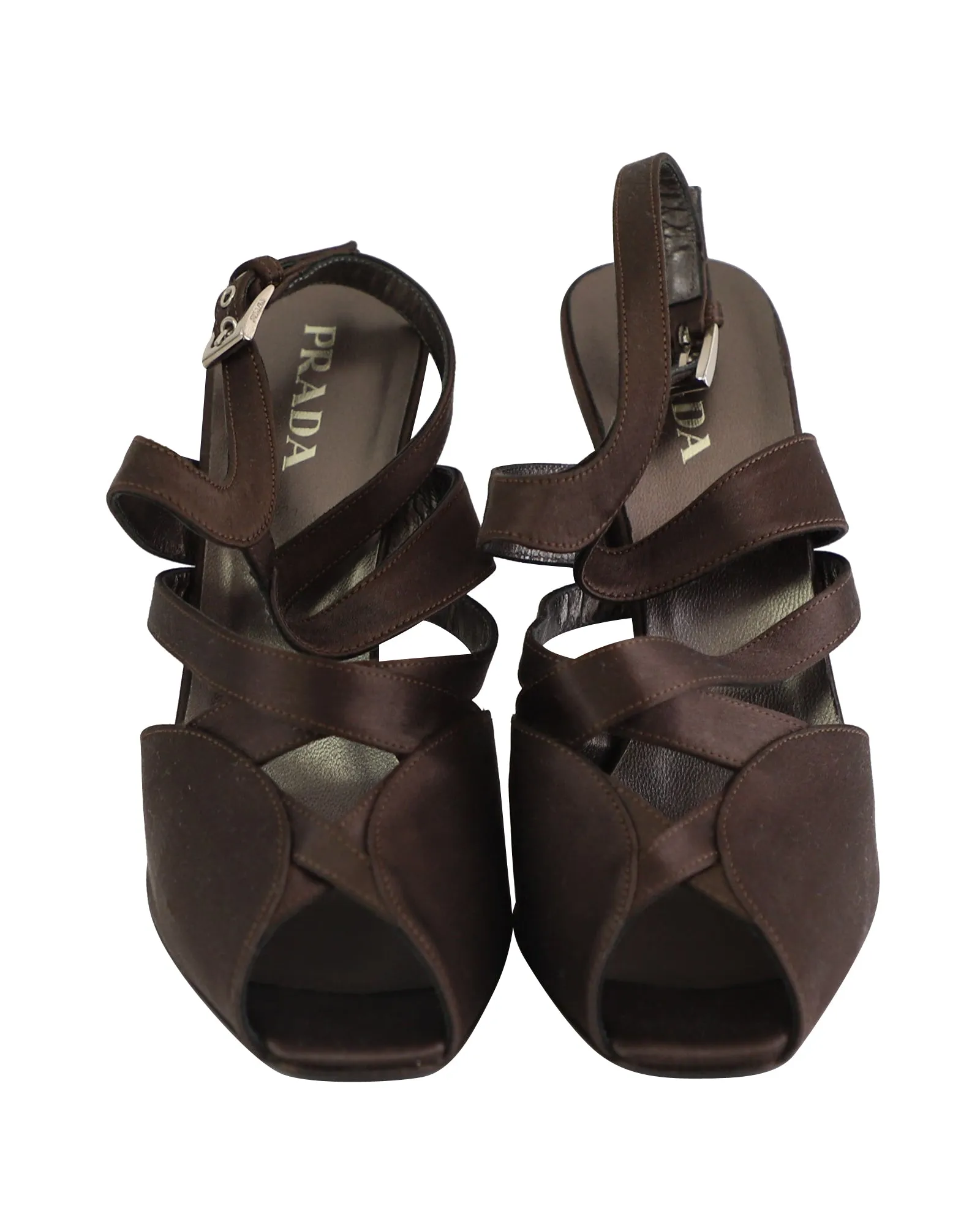 Prada Strappy High Heel Sandals in Brown Satin