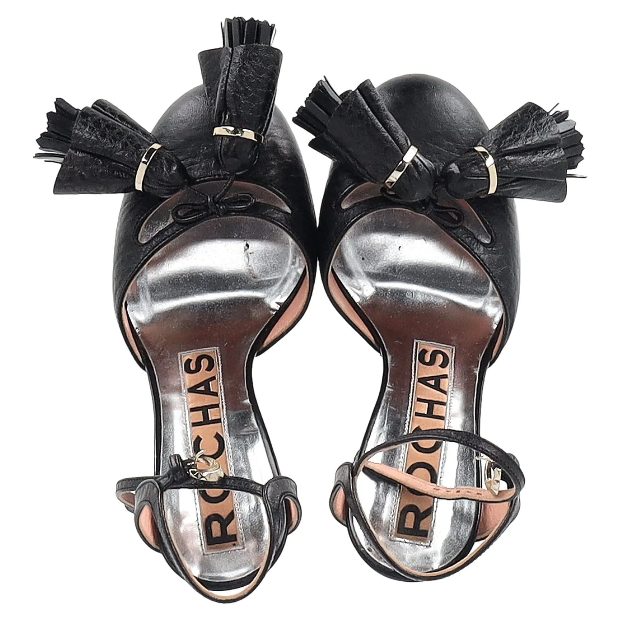 Rochas Tassel Detail Ankle Strap Platform Sandals in Black Leather